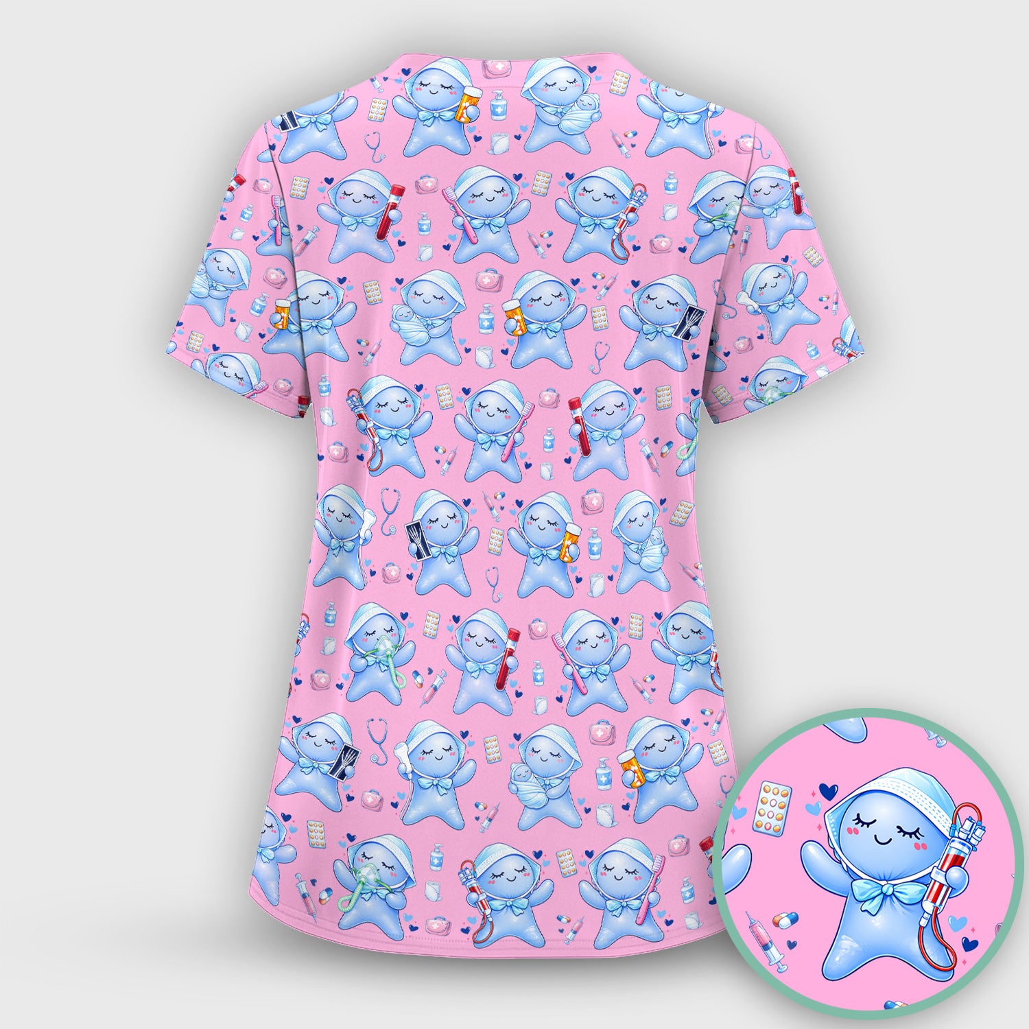 Cute Tooth Character Dental Tools Caring Pattern Scrub Set, Breathable Med Uniform