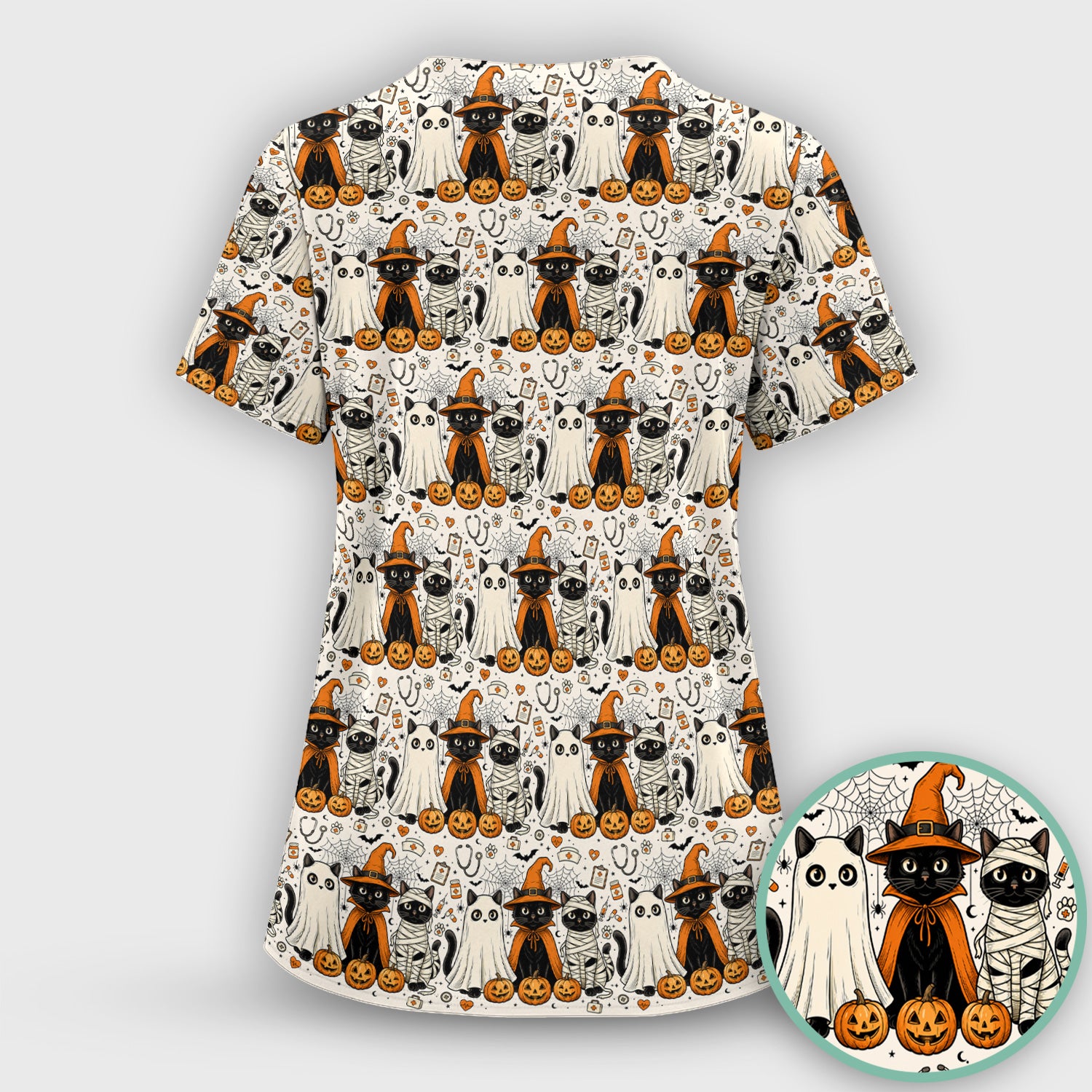 Spooky Halloween Costume Cats Scrub Top, Comfortable Scrubs for Nurses