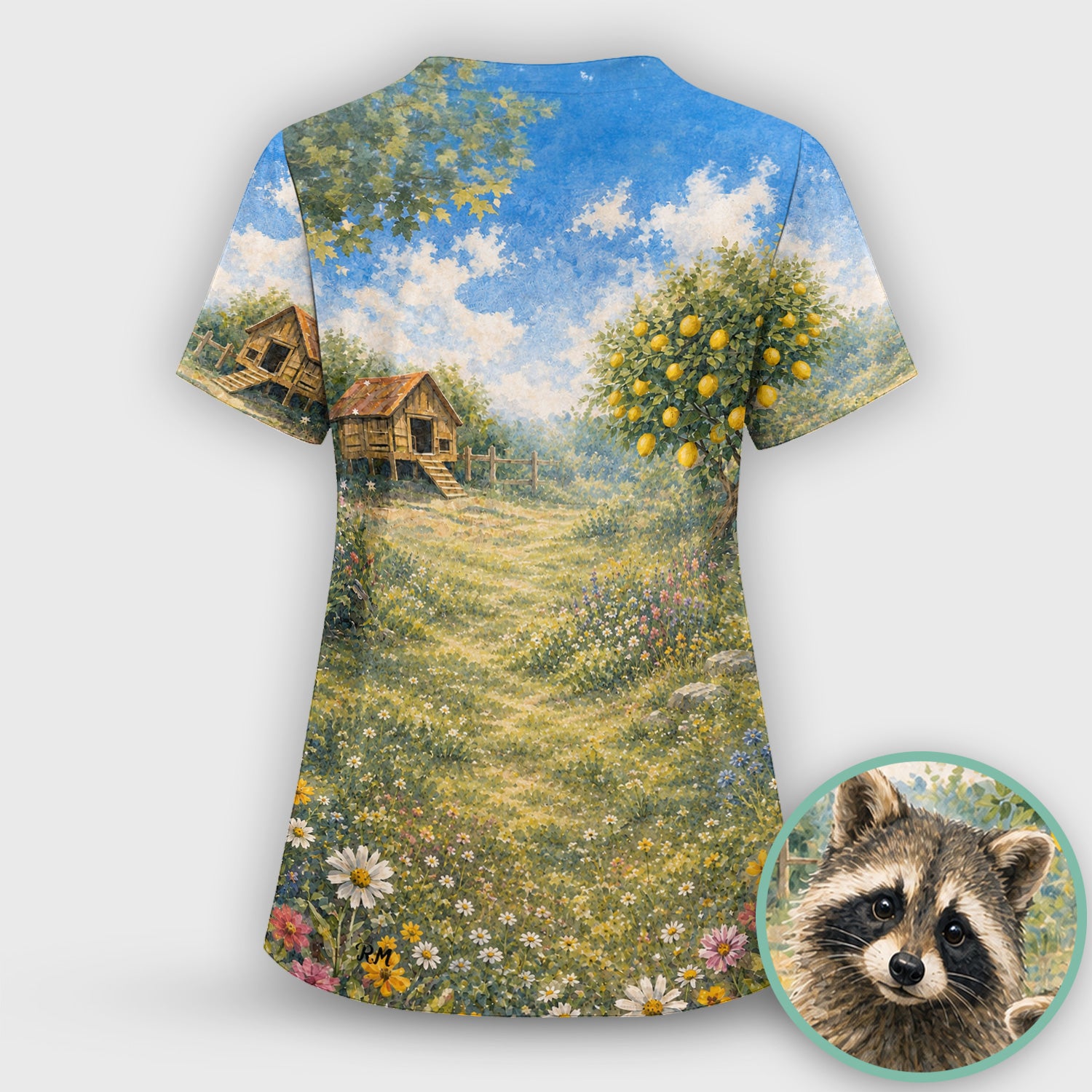 Adorable Raccoon Family Garden Pattern Scrub Set, Scrub Pants and V Neck Top