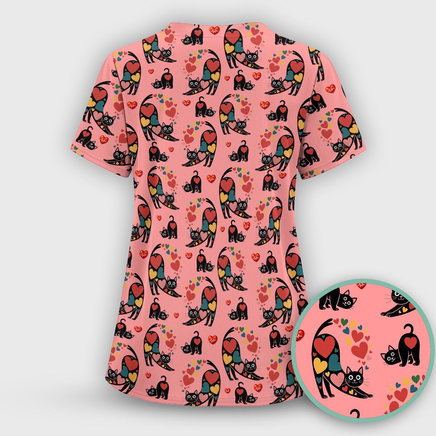 Playful Cat Valentine Heart Print Nurse Scrub Top, Comfortable Scrubs for Nurses