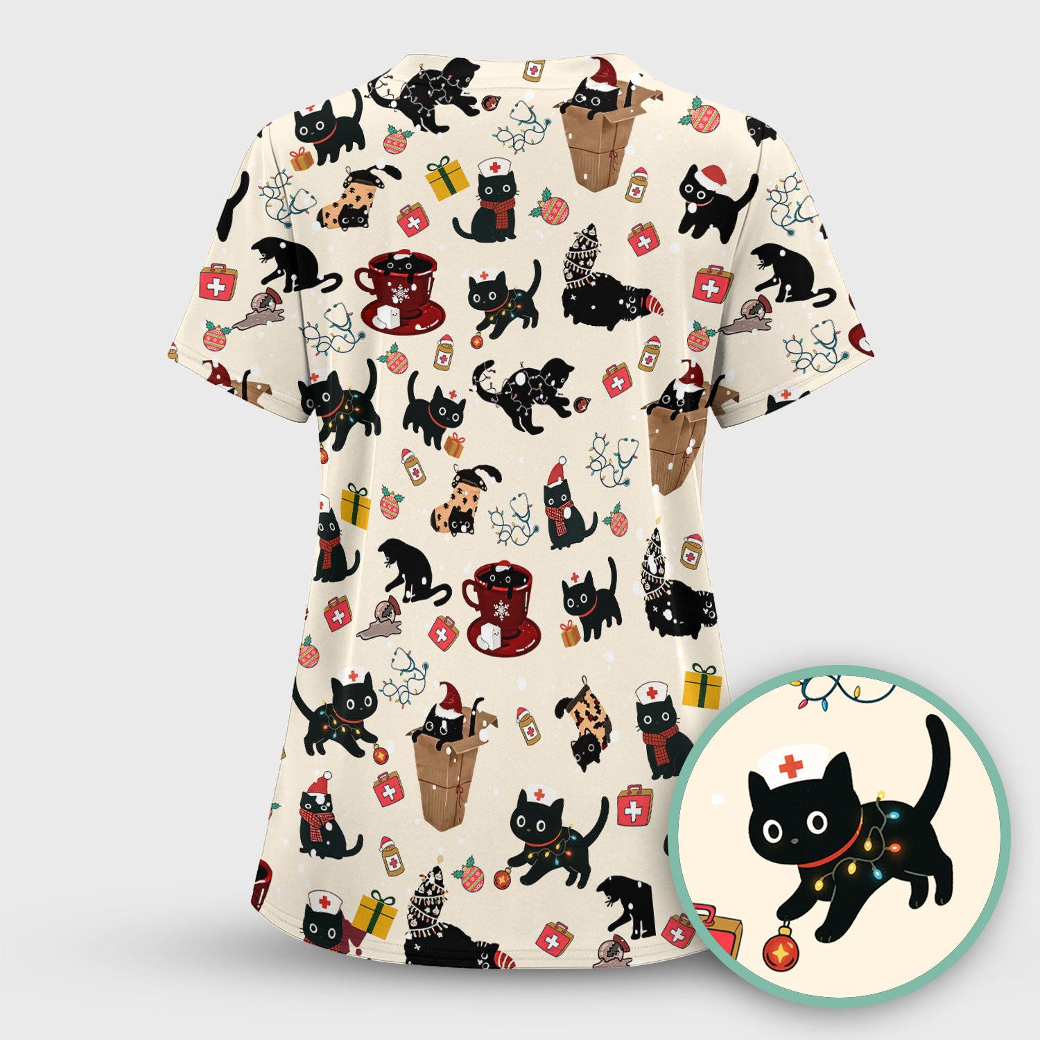 Christmas Cat Scrub Top for Nurse - Funny Black Cats Shirt - Cute Holiday Medical Uniform for Women