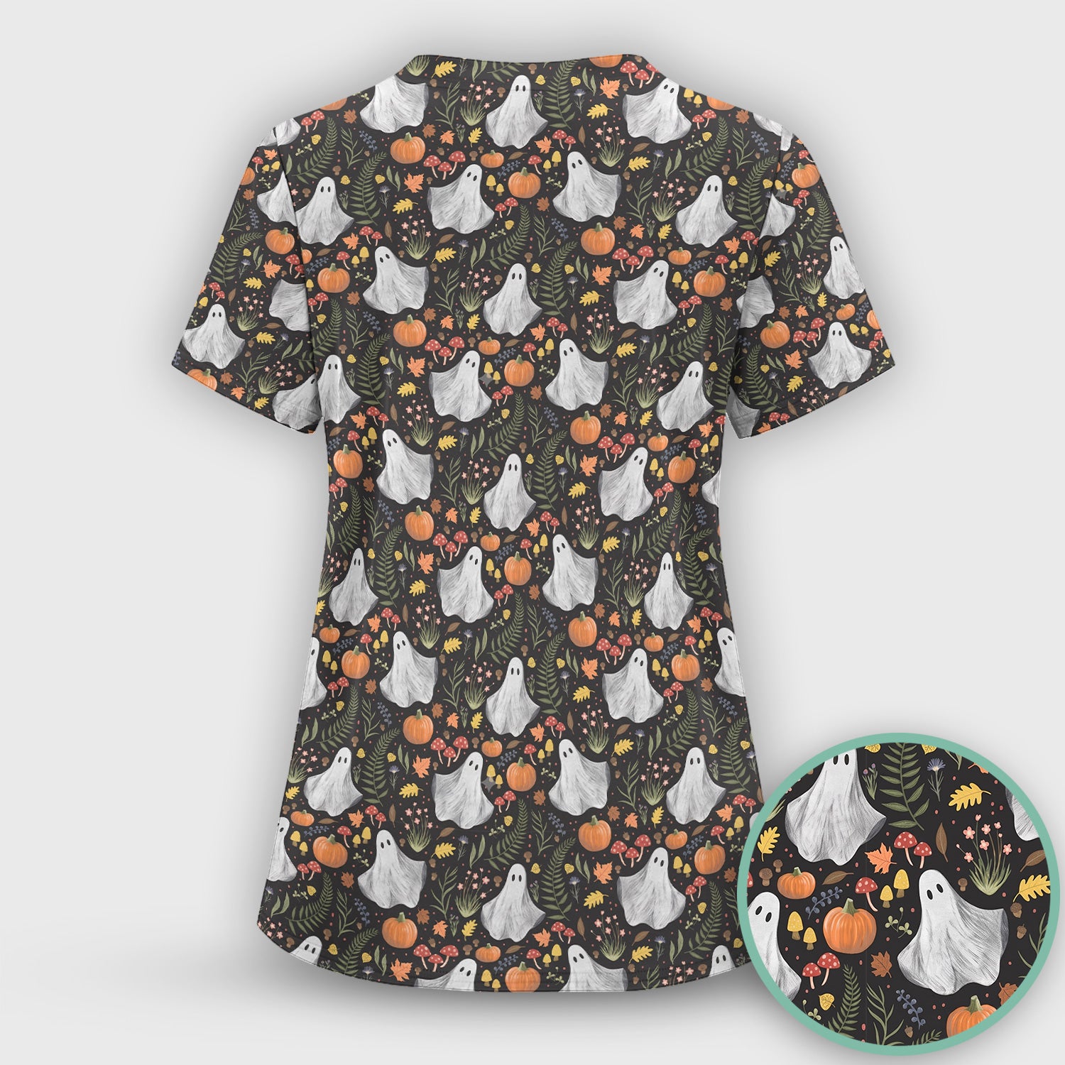 Pumpkin Woodland Pattern Scrub Set, Scrub Pants and V Neck Top