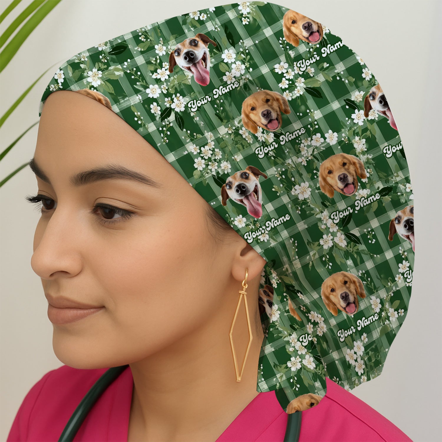 Custom Dog Face Scrub Cap, Dog Green Plaid Floral Pattern, Surgical Caps for Doctors