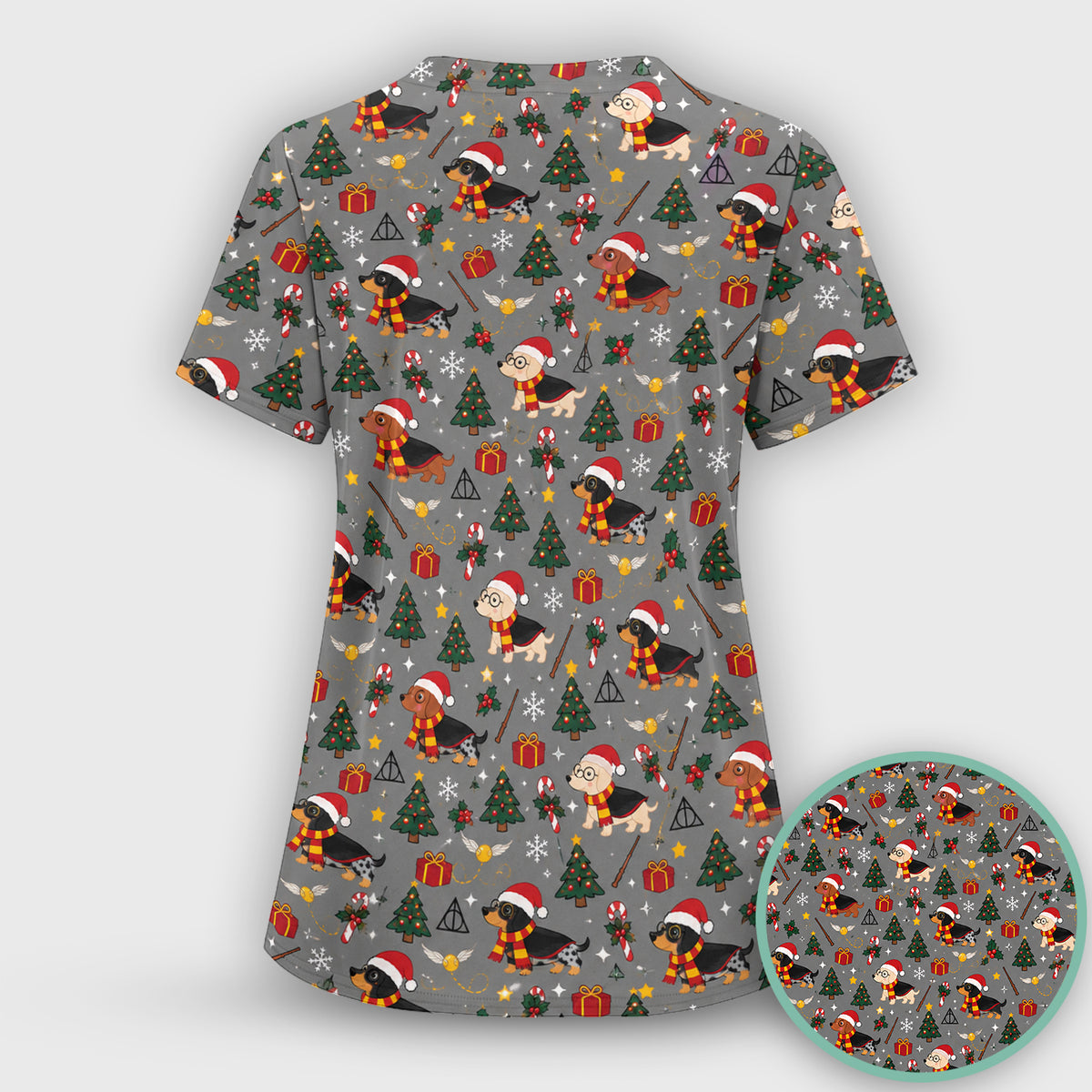 Christmas Wizard Dachshunds Pattern Scrub Set, Scrub Pants and V Neck Top