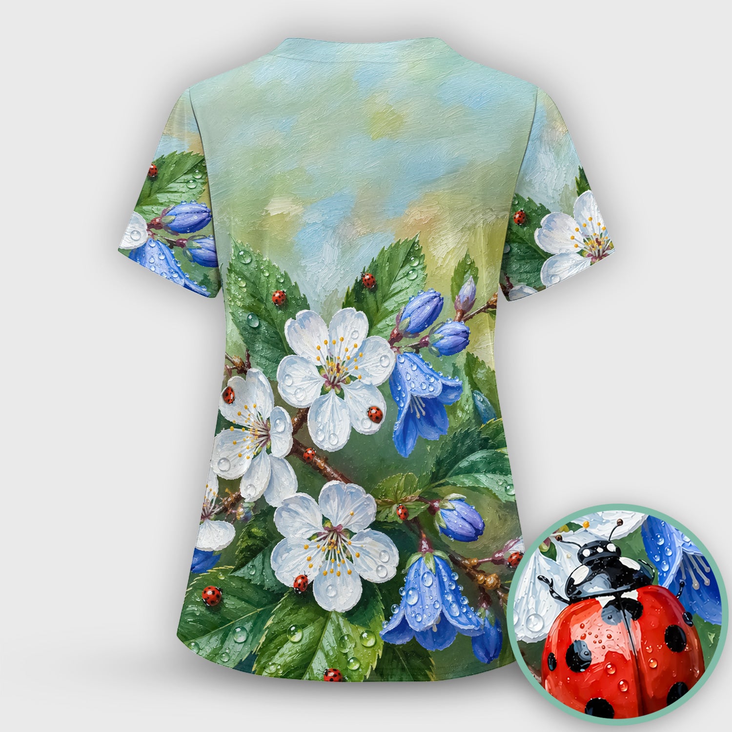 Cute Ladybug Blossom Garden Pattern Scrub Top, Comfortable Scrubs for Nurses
