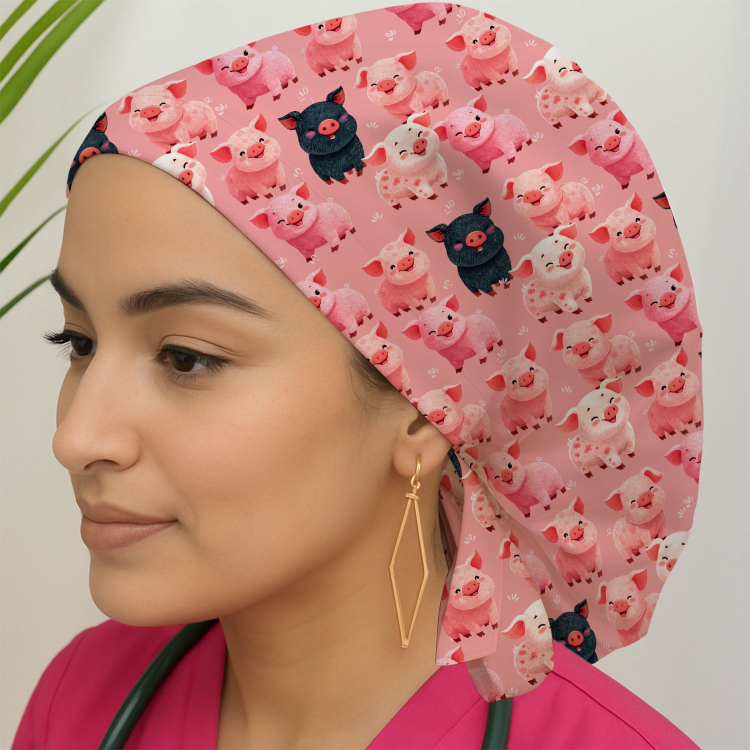 Funny Farm Pig Cartoon Pattern Cap, Bouffant Scrub Caps for Women