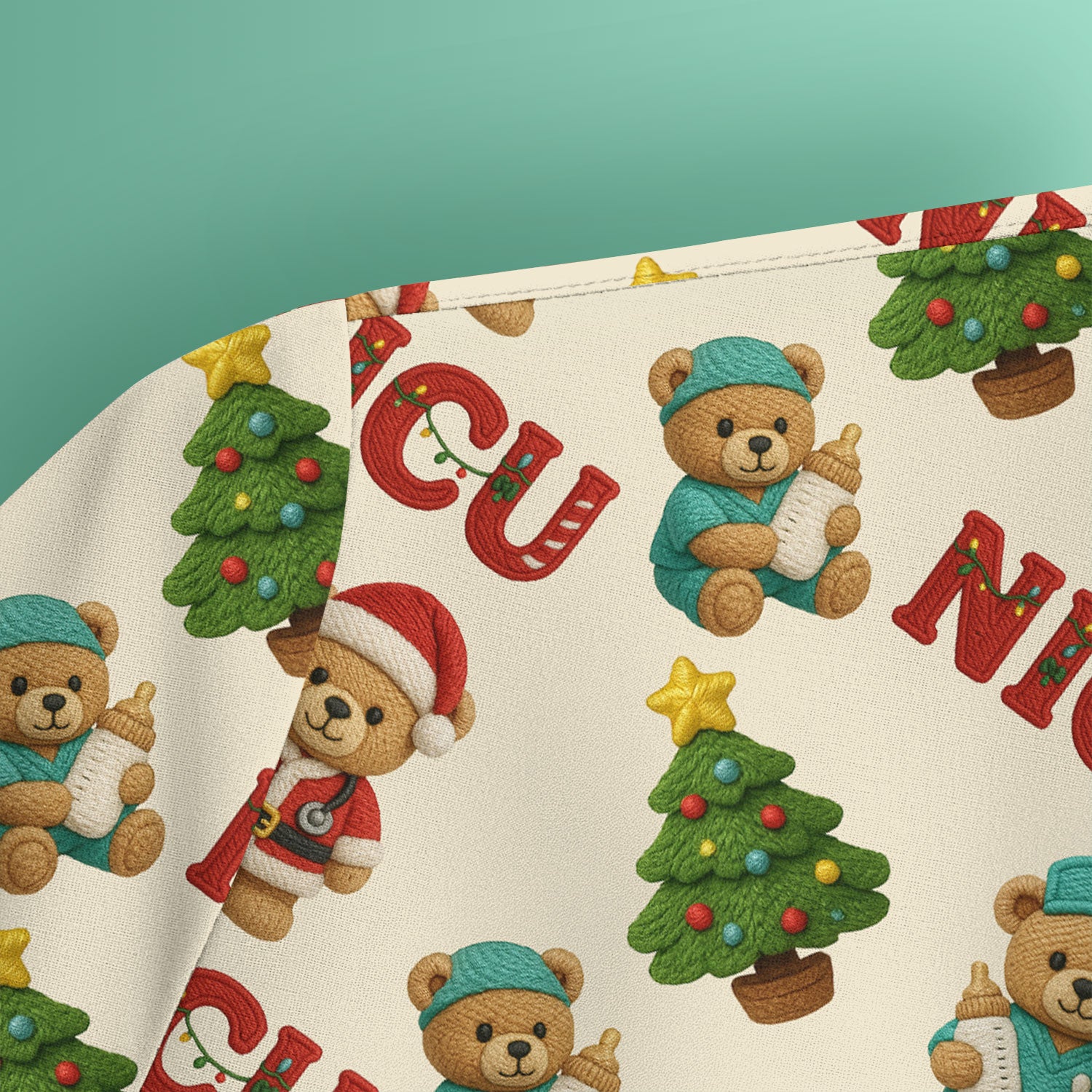 Festive Christmas NICU Nurse Teddy Bear Pattern, Breathable Fabrics Nursing Uniform