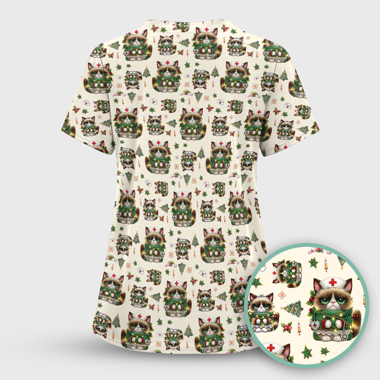 Christmas Nurse Scrub Top - Funny Cat Nursing Shirt - Cute Holiday Medical Uniform for Women RN LPN CNA
