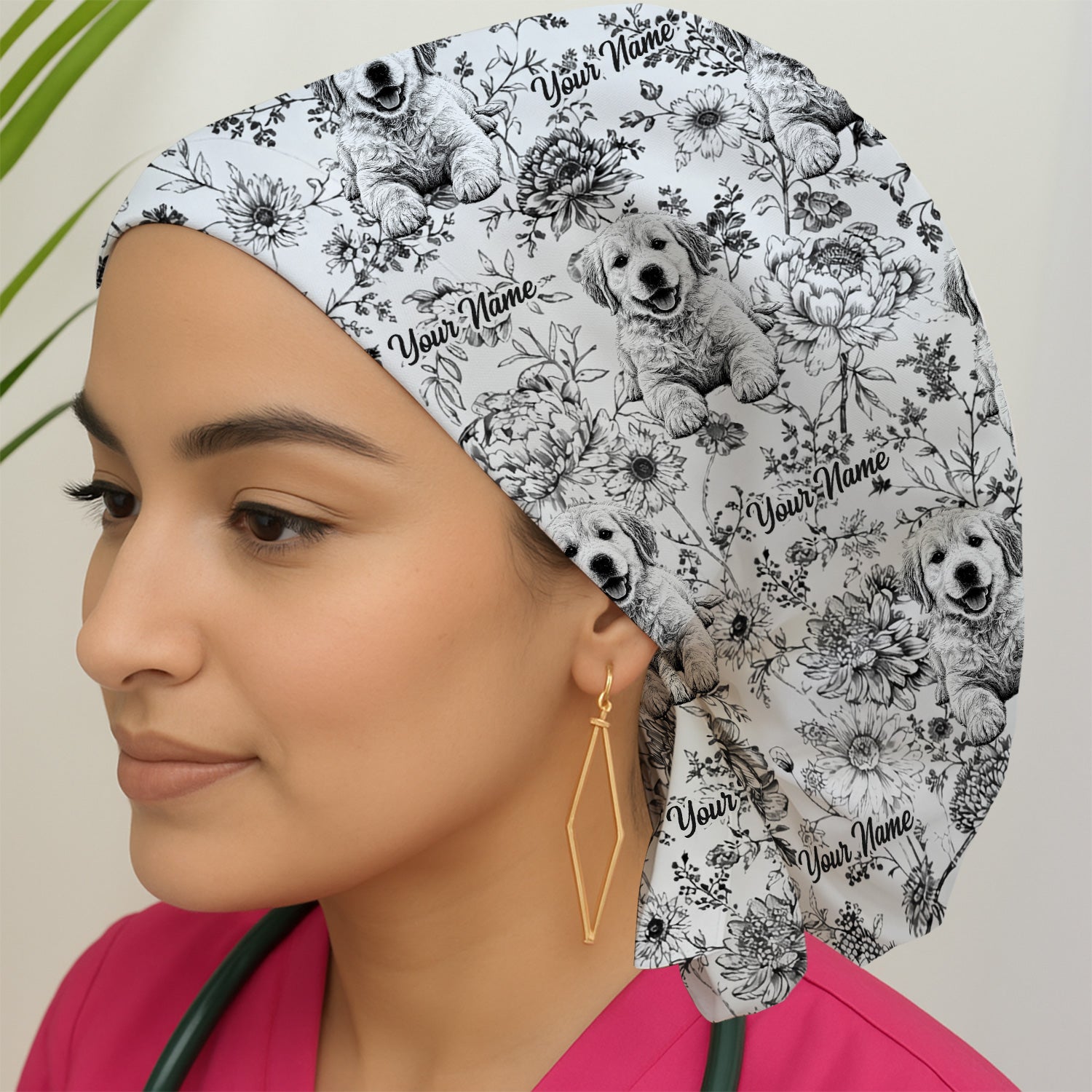 Personalized Custom Pet Photo Name Floral Pattern Scrub Cap, Surgical Caps for Doctors