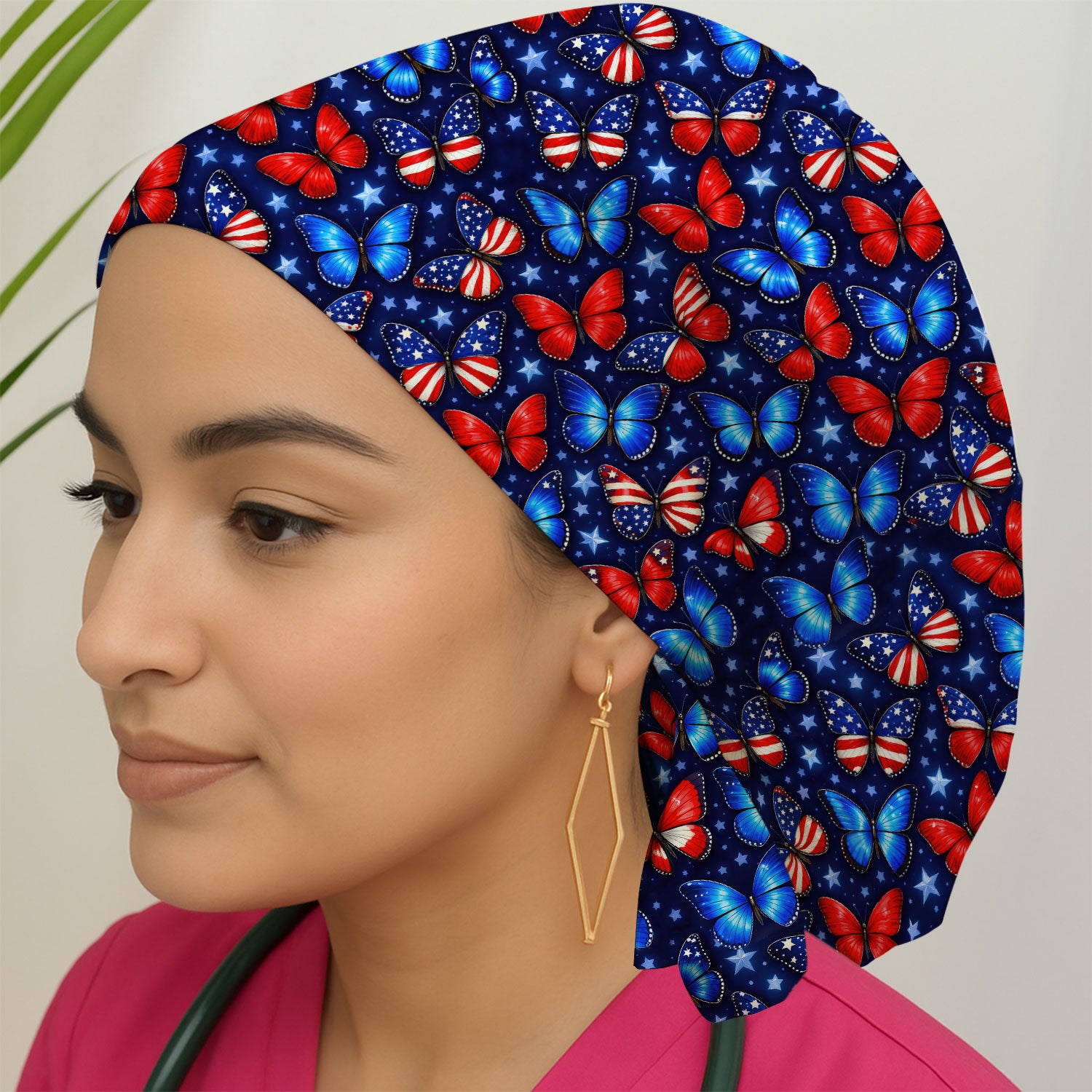 Patriotic Butterfly Stars Pattern Caps, Bouffant Scrub Caps for Women