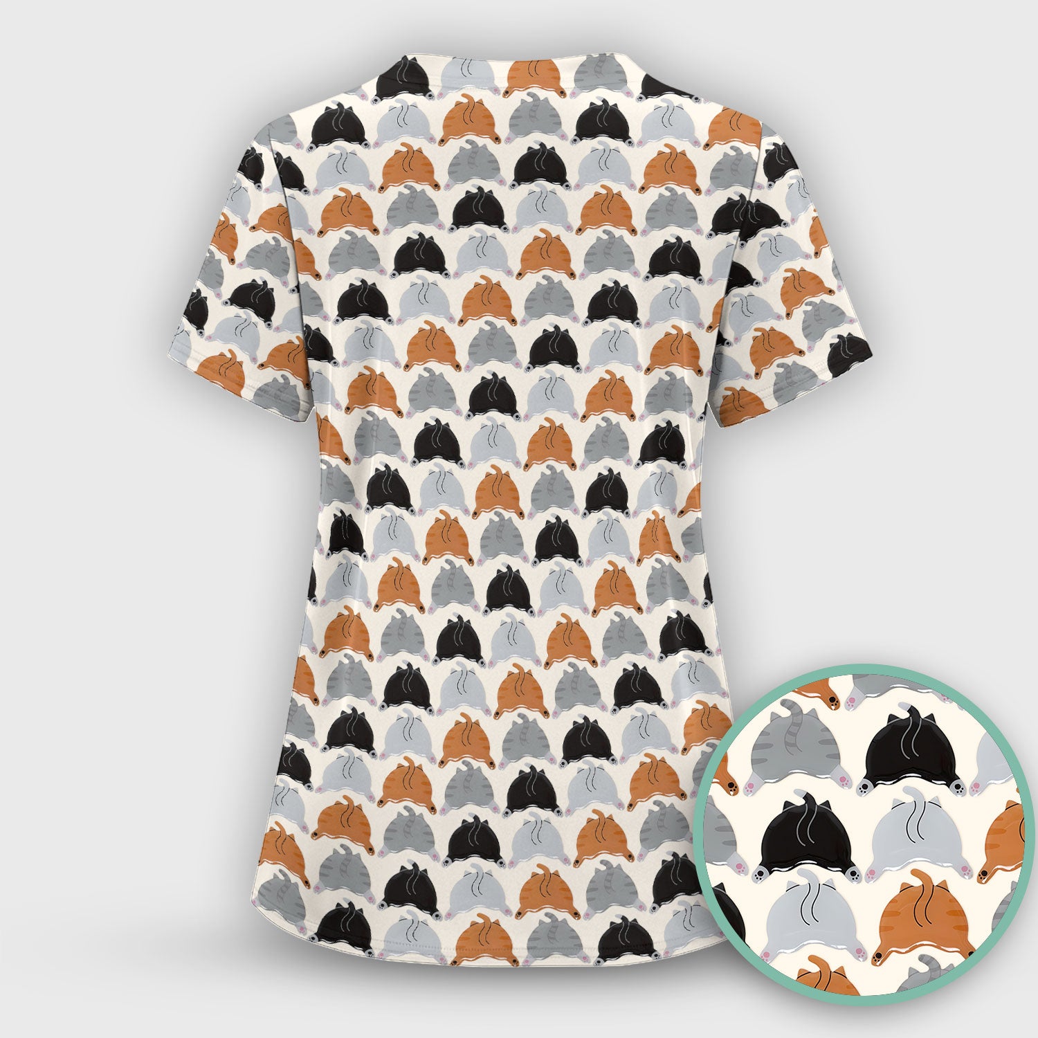 Playful Multicolor Cat Print Scrub Top, Breathable Fabrics Nursing Uniform