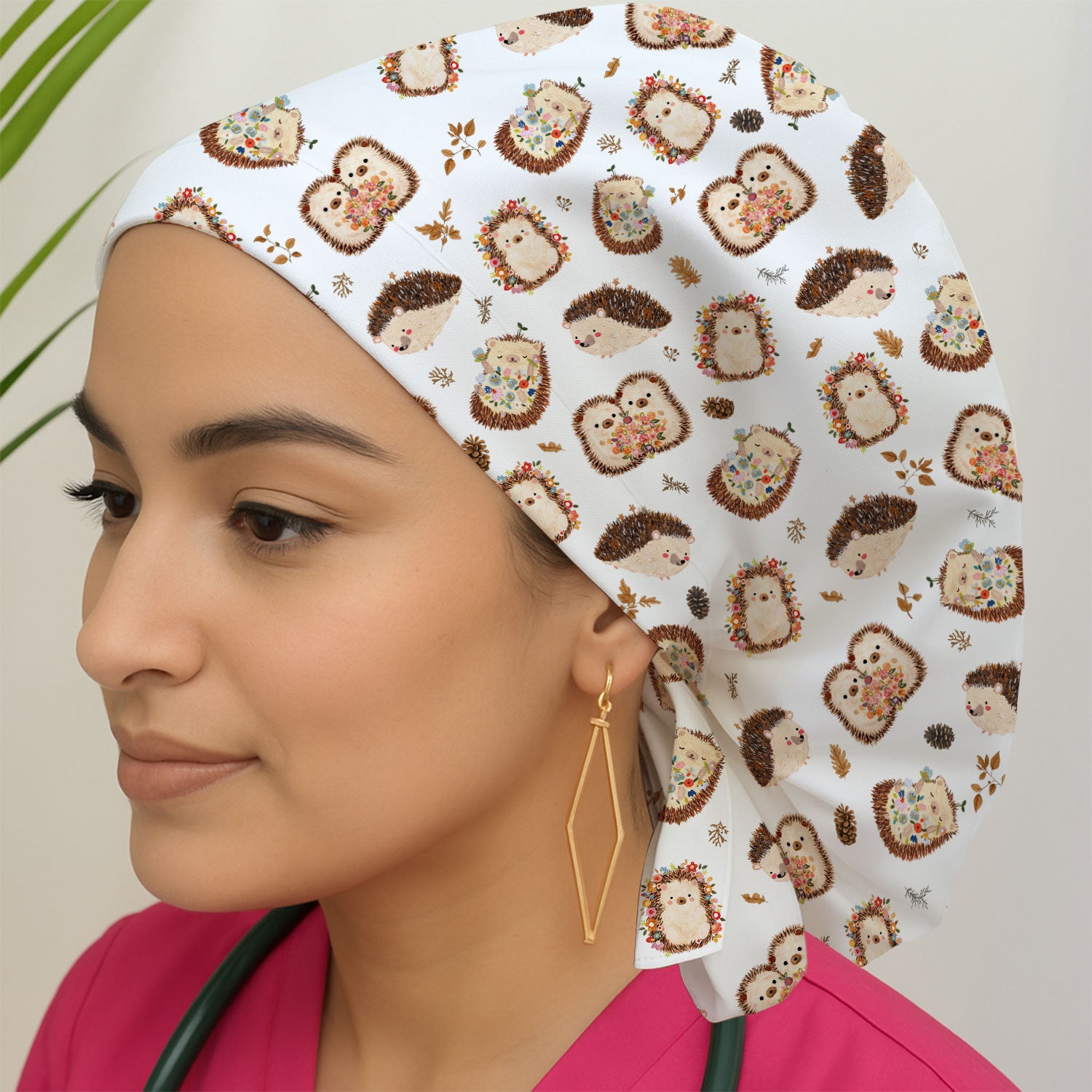 Cute Hedgehog Floral Scrub Cap, Surgical Caps for Doctors