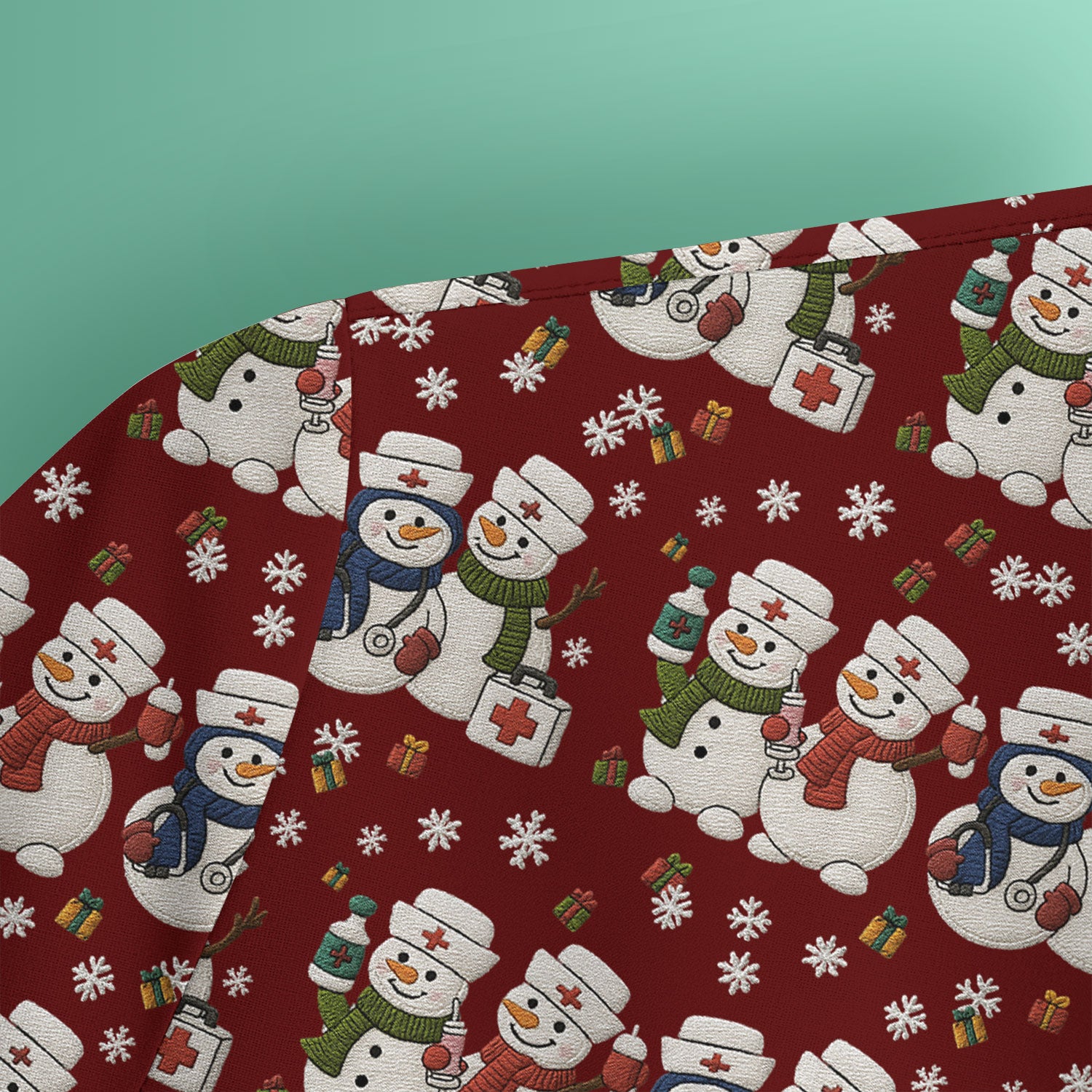 Cute Christmas Snowman Nurse Pattern Scrub Top, Breathable Fabrics Nursing Uniform