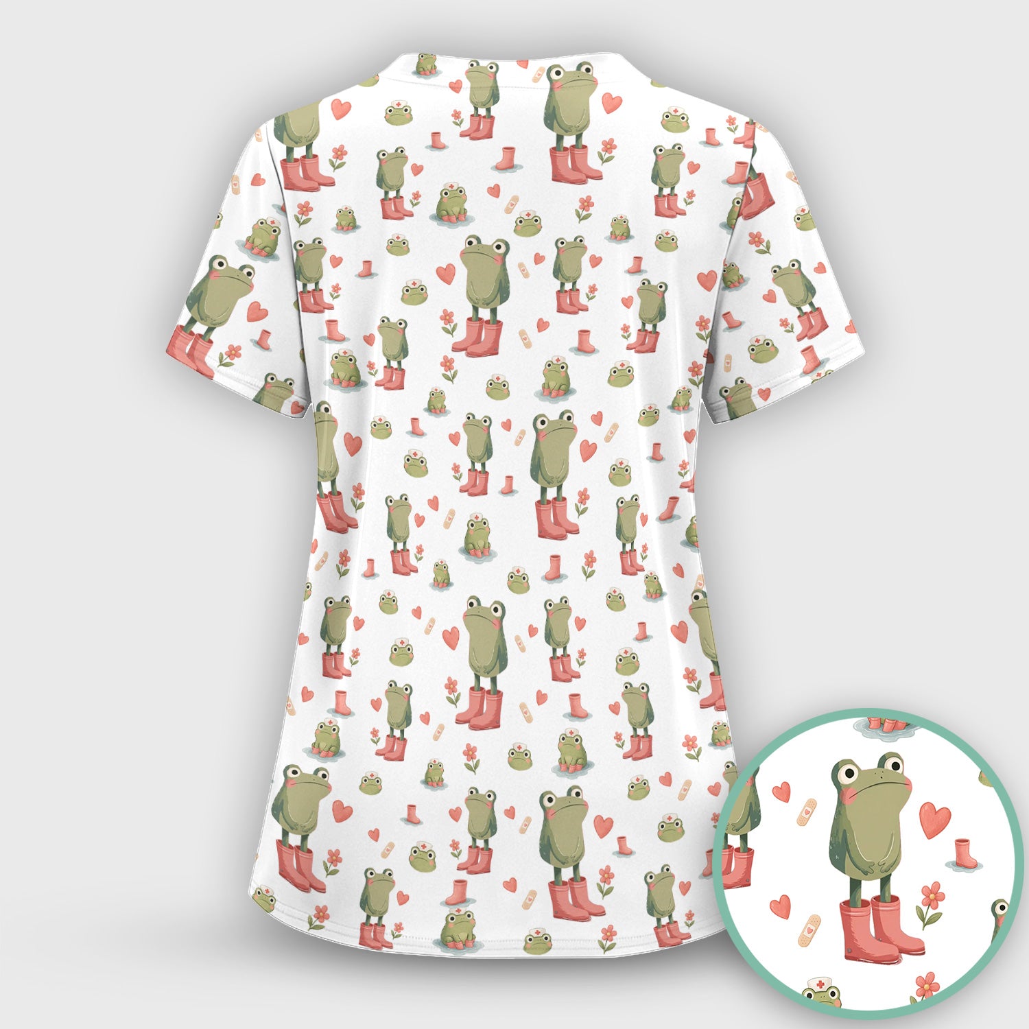 Adorable Frog Boots Heart Pattern Scrub Top, Comfortable Scrubs for Nurses