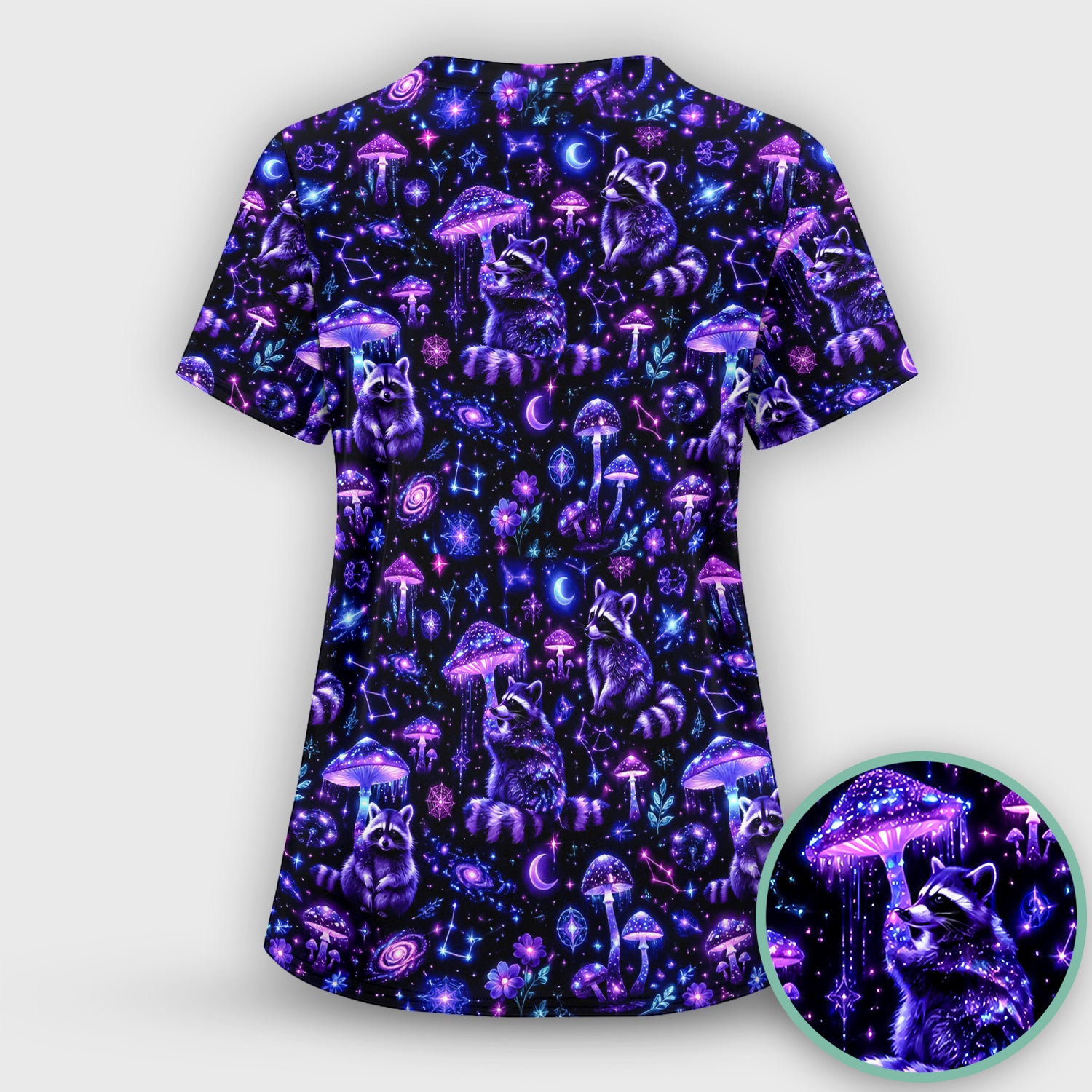 Cosmic Raccoon Mushroom Print Scrub Set, Scrub Pants and V Neck Top