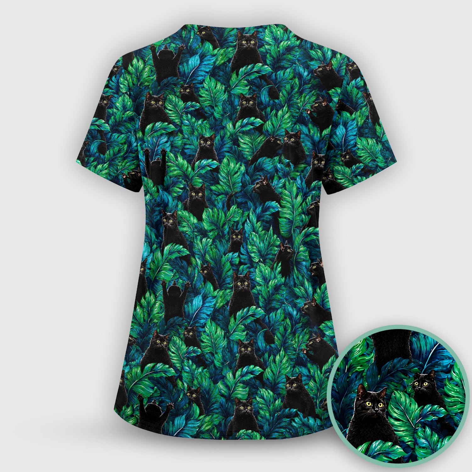 Black Cat Tropical Jungle Leaves Pattern Scrub Top, Comfortable Scrubs for Nurses