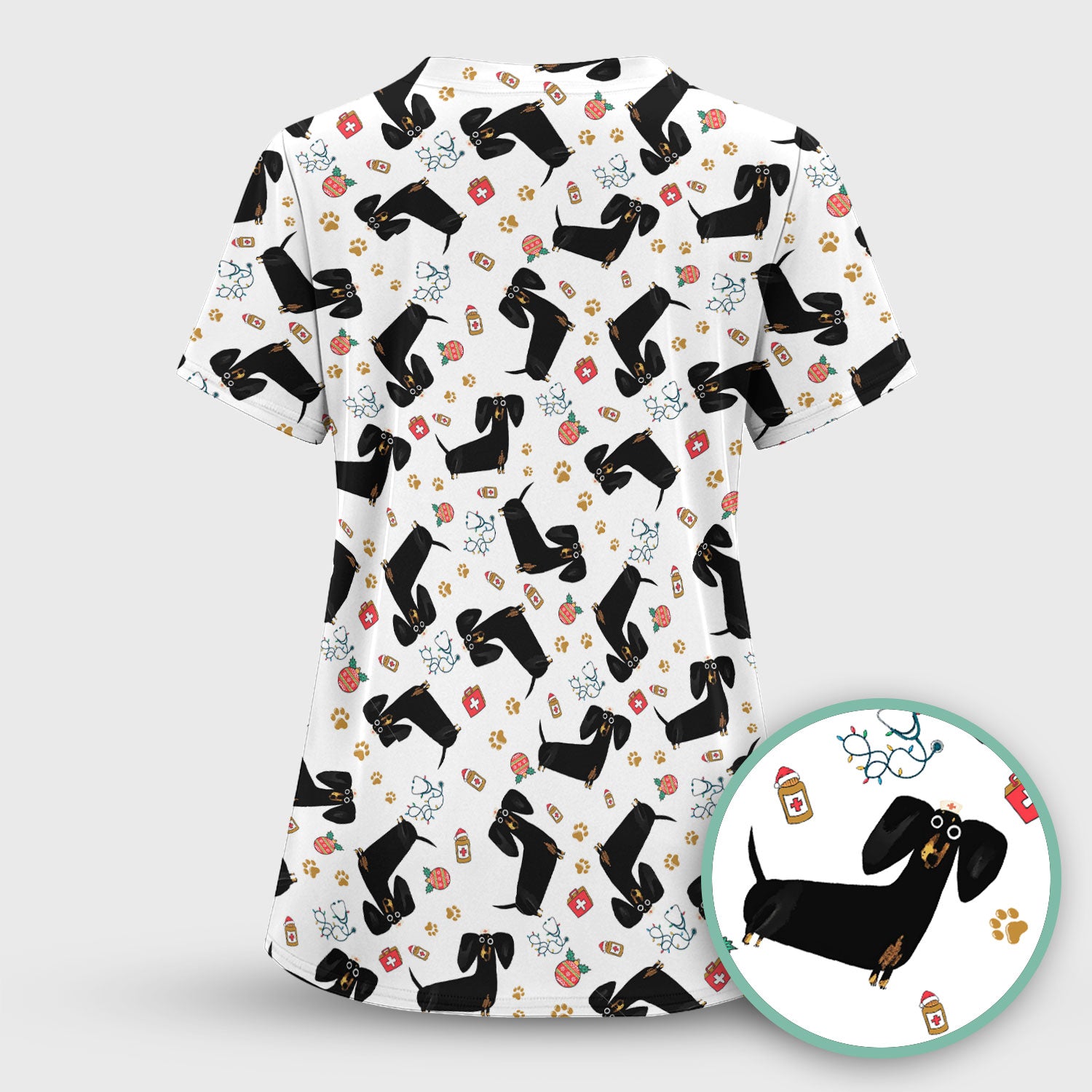 Funny Wiener Dog Scrub Top for Nurses - Cute Black Dachshund Medical Shirt - Dog Lover Nursing Uniform Gift for Women