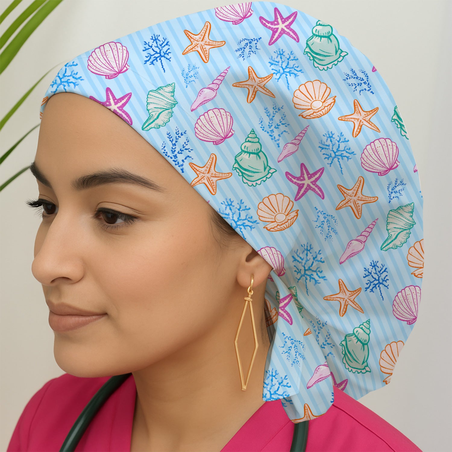 Colorful Seashell Starfish Ocean Stripe Pattern Cap, Bouffant Scrub Caps for Women