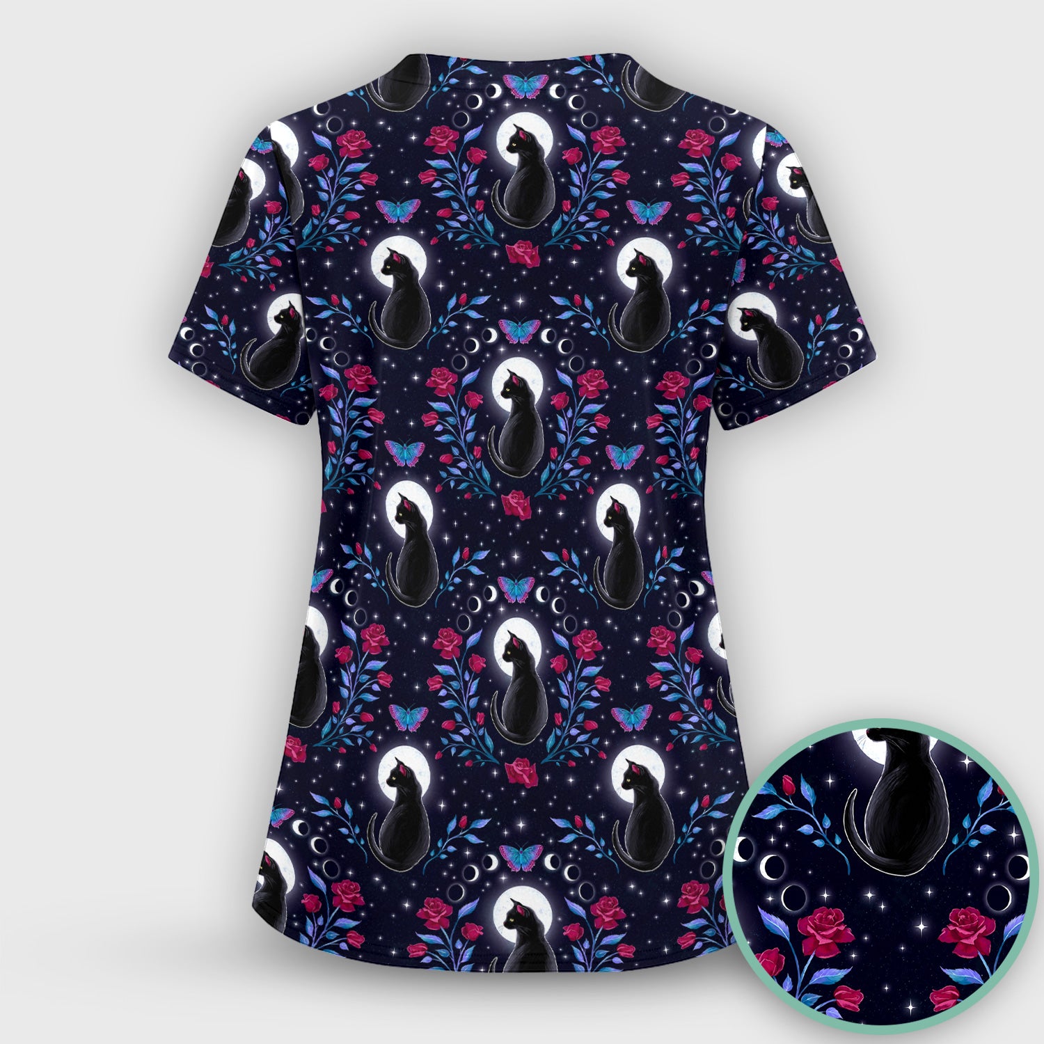 Black Cat Moon Rose Print Scrub Top, Comfortable Scrubs for Nurses