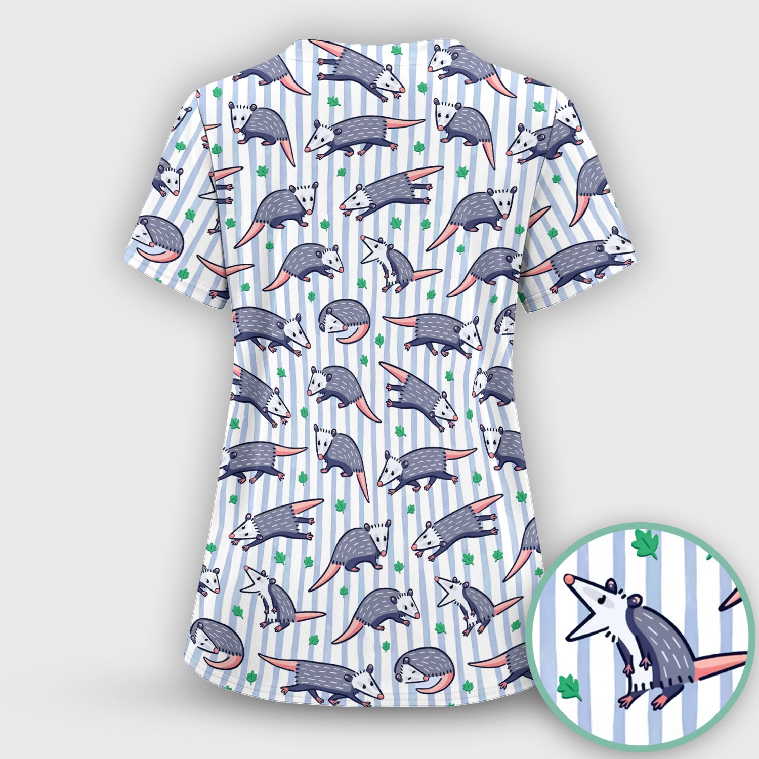 Cute Opossum Blue Stripe Pattern Scrub Top, Breathable Fabrics Nursing Uniform