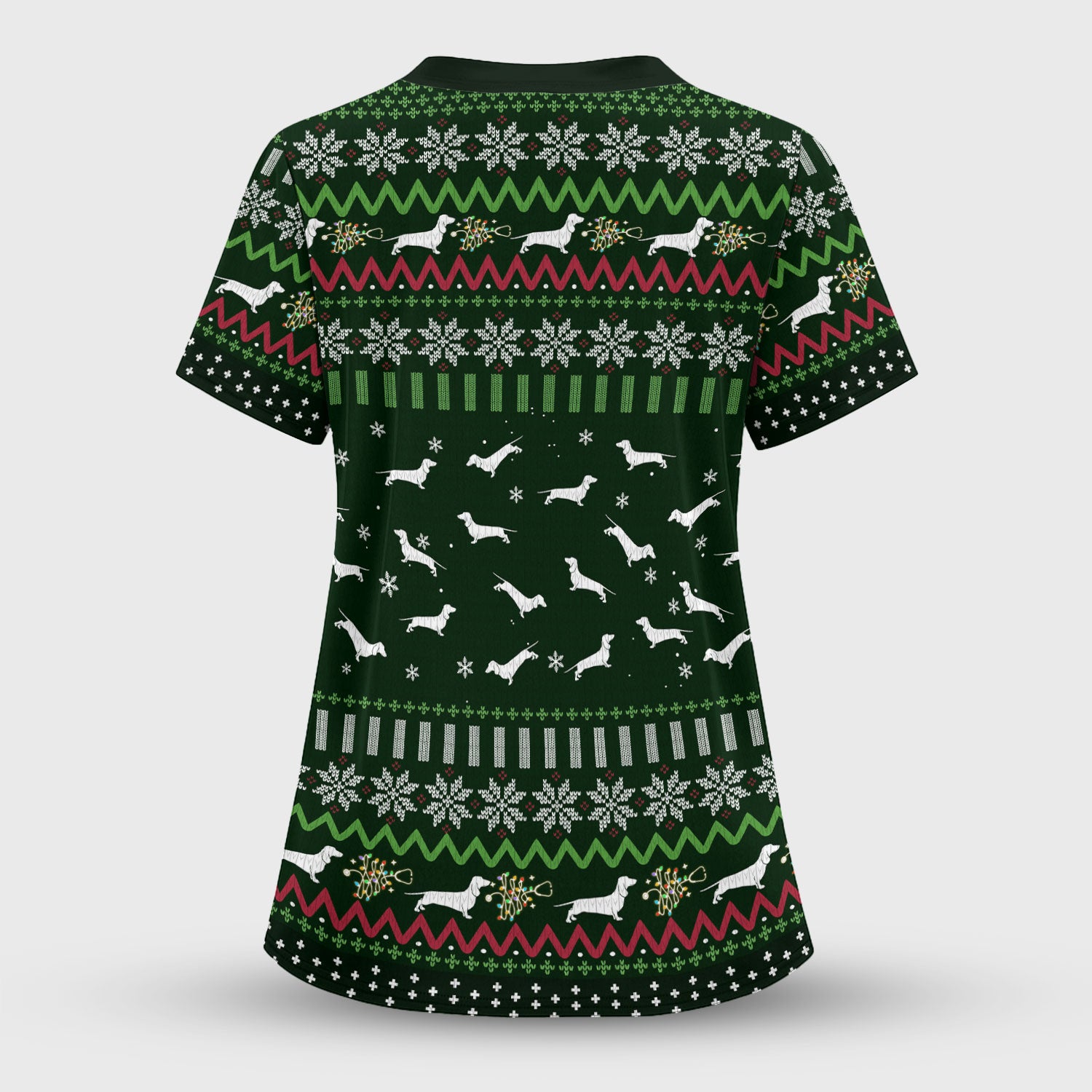 Dachshund Through The Snow Christmas Scrub Top - Funny Sausage Dog Xmas Tree Nurse Shirt - Cute Holiday Medical Uniform