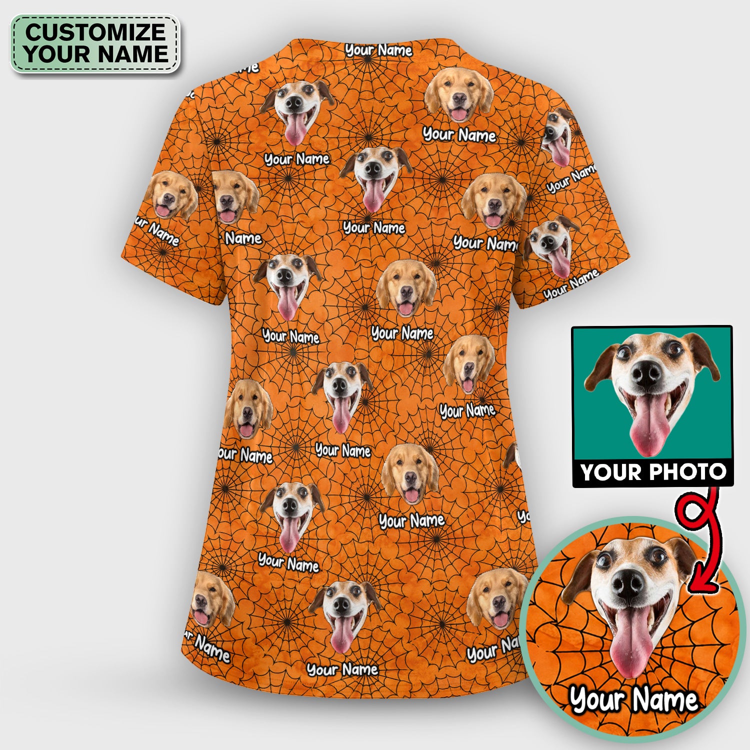 Personalized Halloween Dog Photo Spiderweb Scrub Set, Scrub Pants and V Neck Top