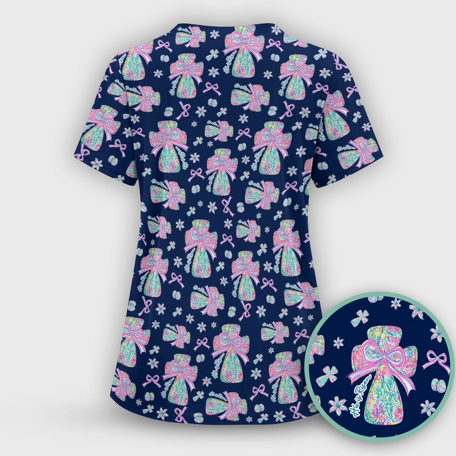 Colorful Bow Pattern Scrub Top, Breathable Fabrics Nursing Uniform