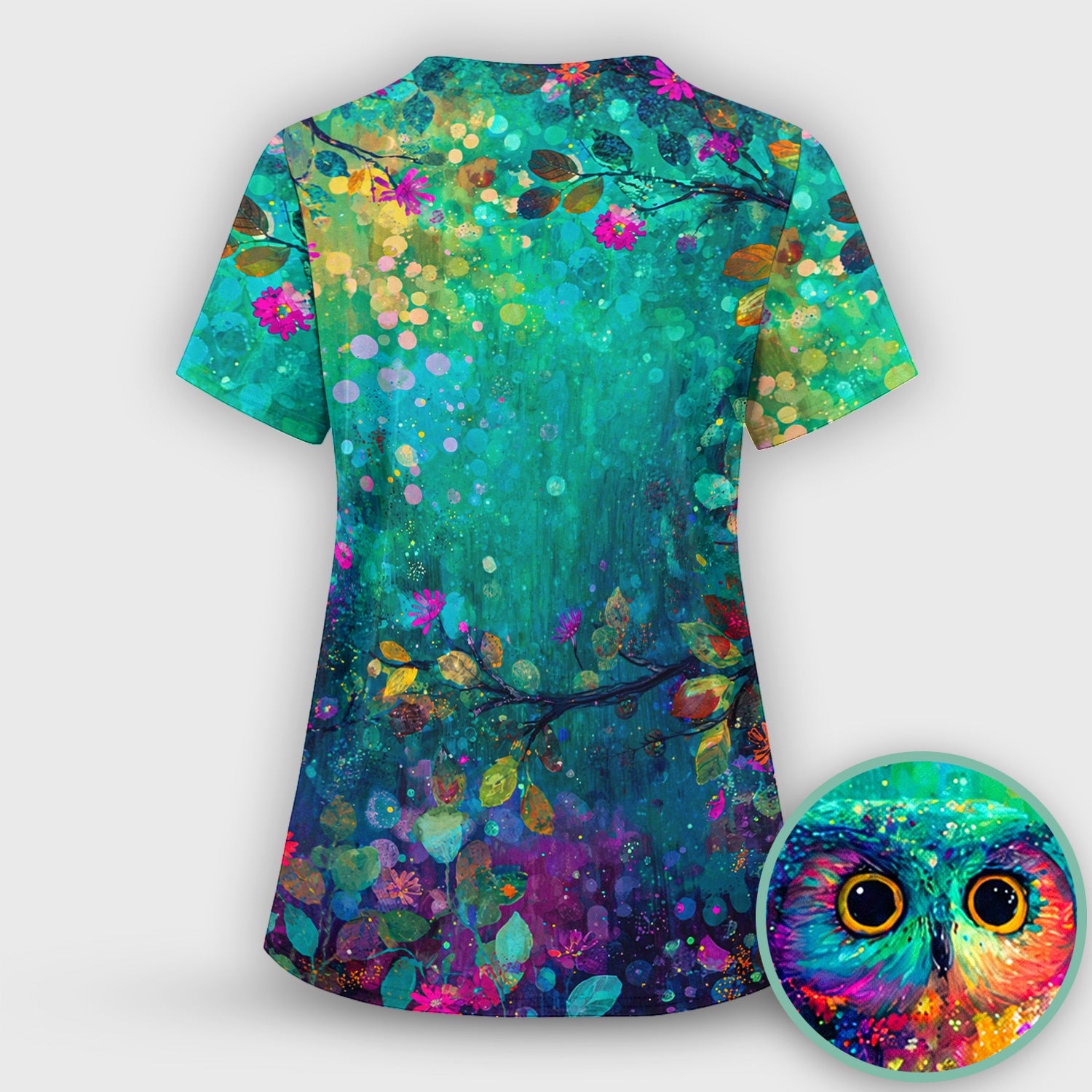 Vibrant Neon Owl Pattern, Colorful Forest Medical Scrub Set, Scrub Pants and V Neck Top