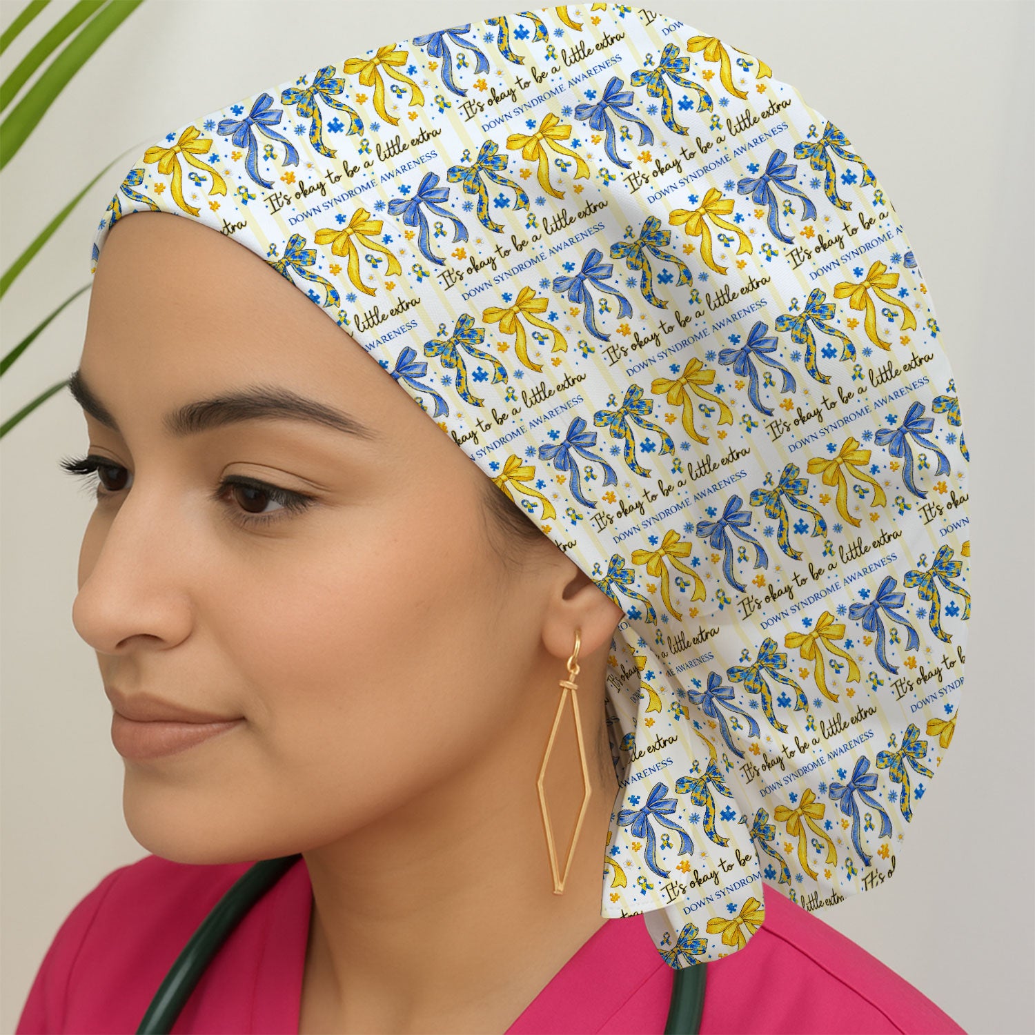 Down Syndrome Awareness Ribbon Pattern Cap, Bouffant Scrub Caps for Women