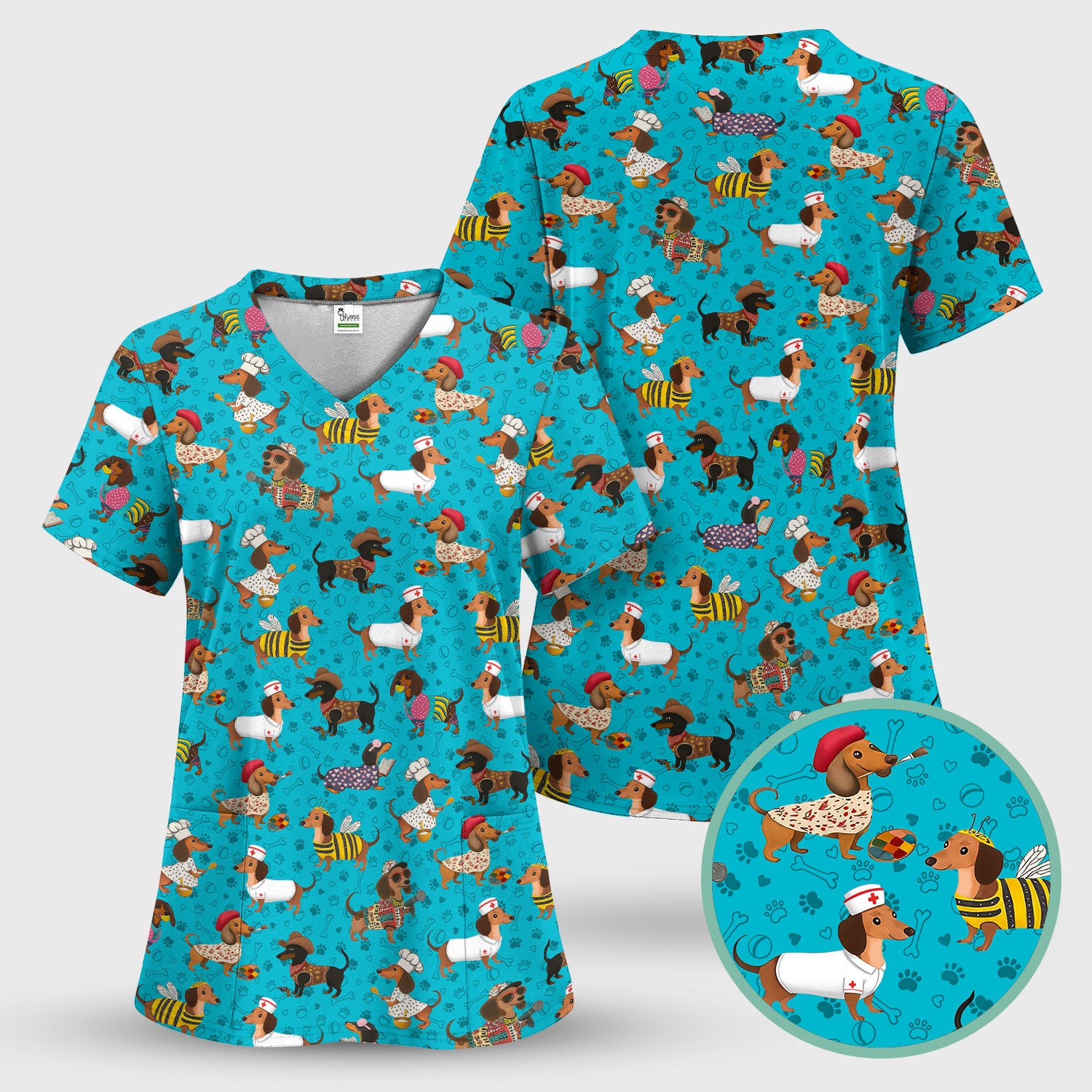 Funny Wiener Dog Nurse Scrub Top - Dachshund in Bee, Chef, Nurse Costumes - Cute Sausage Dog Medical Shirt for Women RN CNA LPN