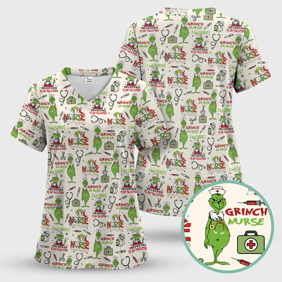 Personalized Funny Grinch Nurse Scrub Top - Christmas Medical Uniform for Nurse - Holiday RN LPN CNA Gift