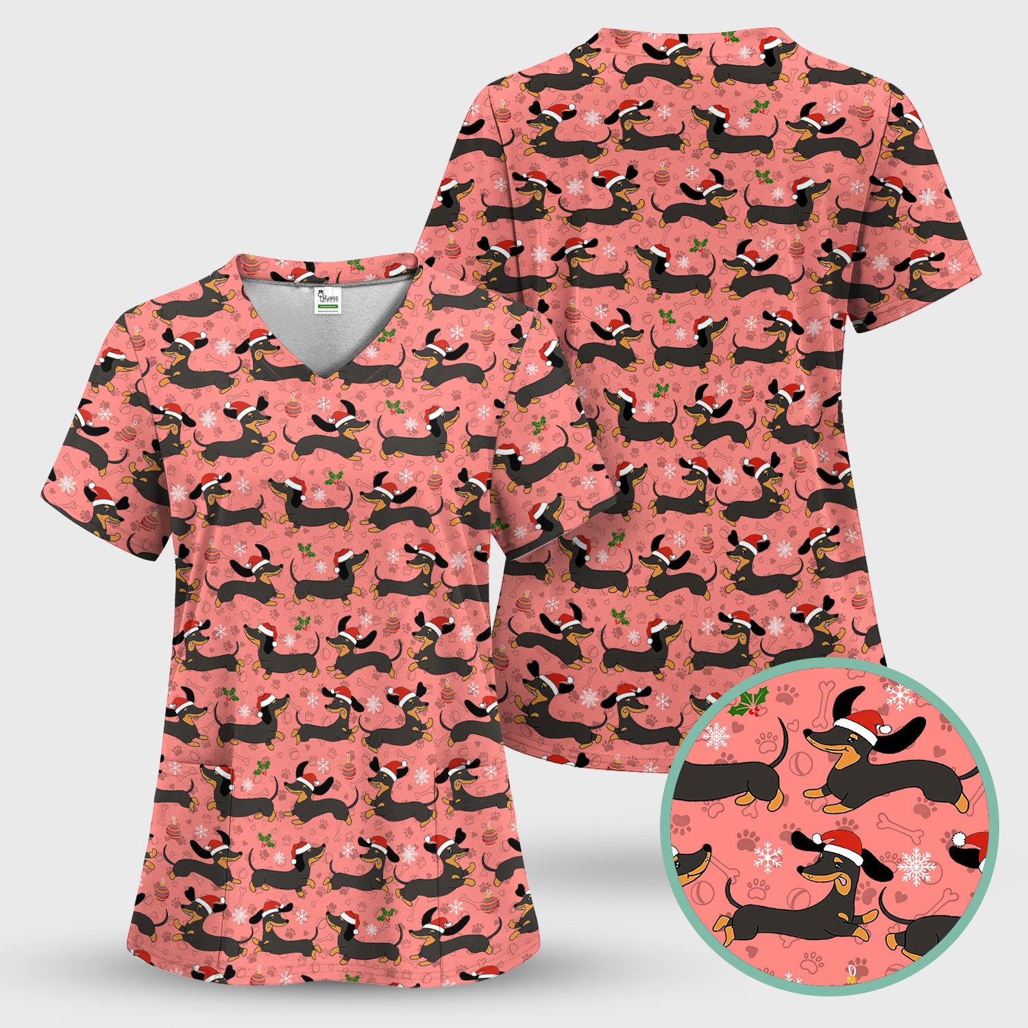 Holiday Dachshund Scrub Top - Cute Wiener Dog Santa Hat Nurse Shirt - Funny Christmas Medical Uniform RN LPN CNA Gift for Women