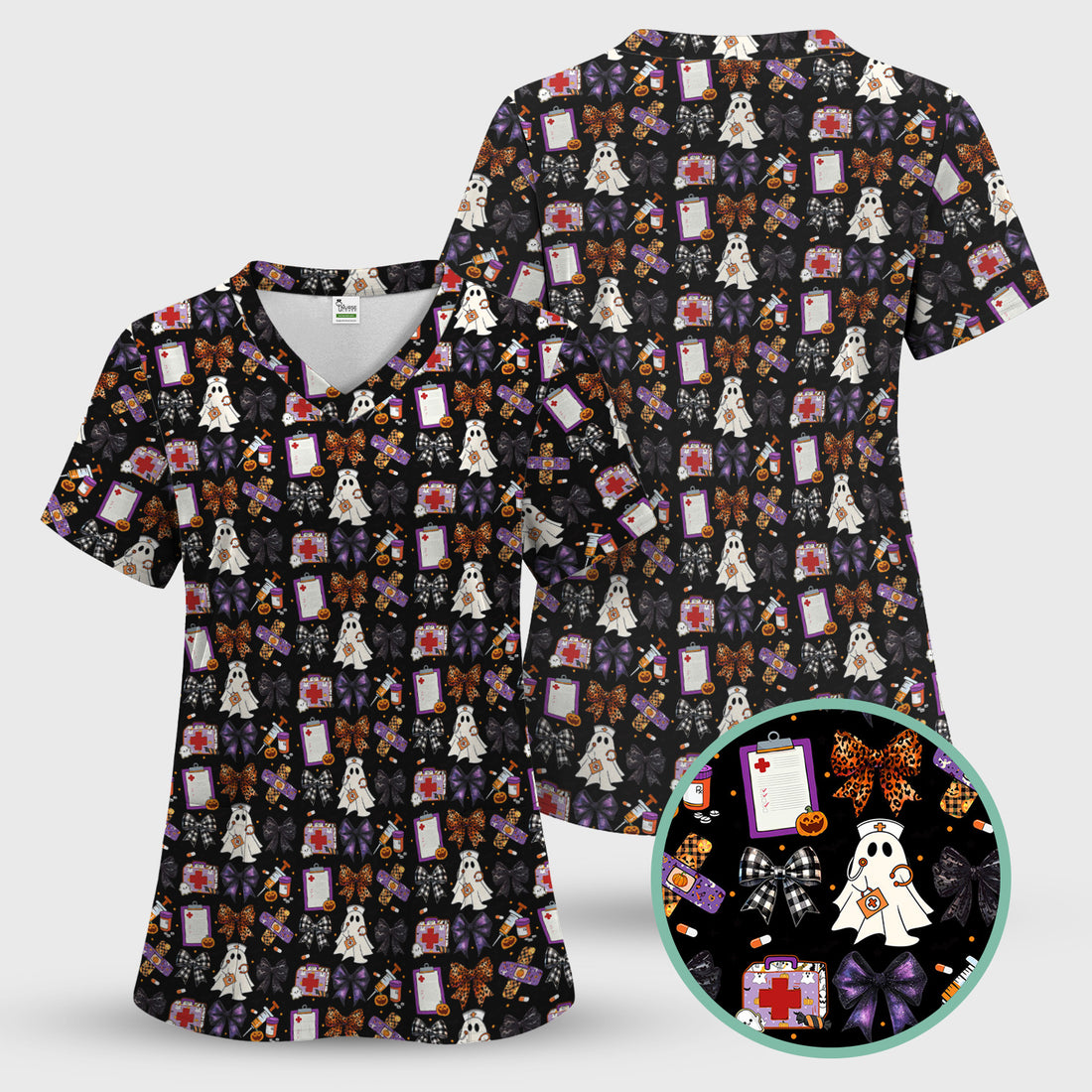 Funny Nurse Halloween Scrub Top - Cute Ghost Nurse & Leopard Bow Pattern - Multiple Color Options Gift for Women RN LPN & Healthcare Workers