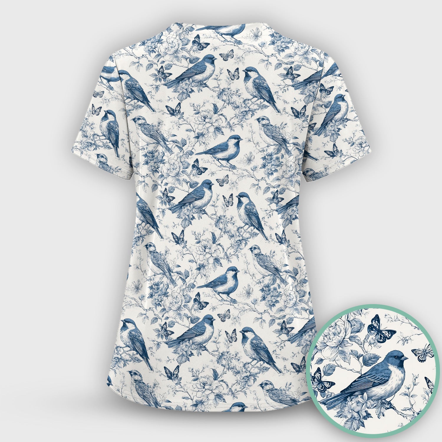 Blue Toile Songbird With Butterfly Print Scrub Top, Comfortable Scrubs for Nurses