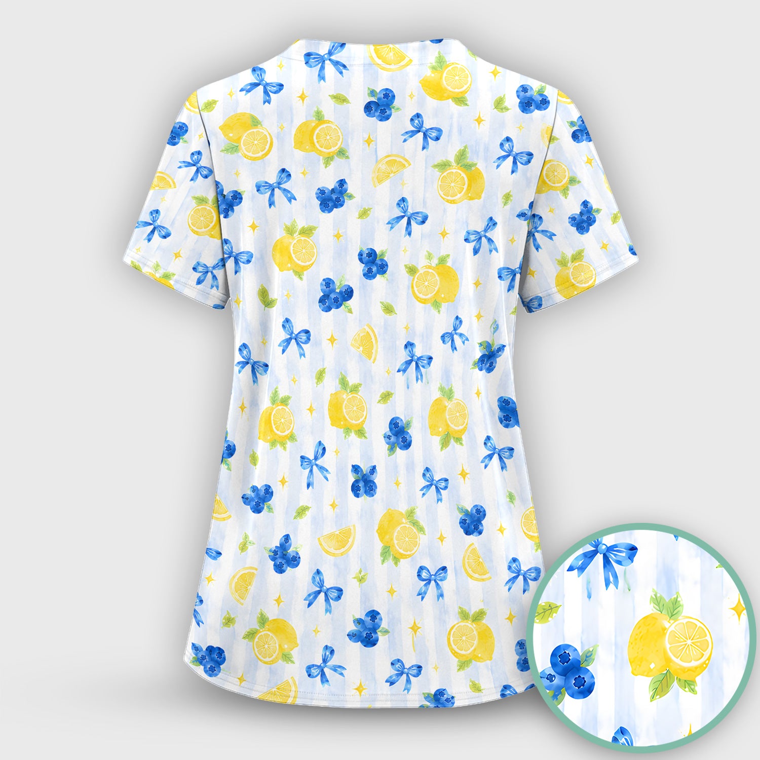 Lemon Blueberry Bow Nurse Print Scrub Set, Scrub Pants and V Neck Top