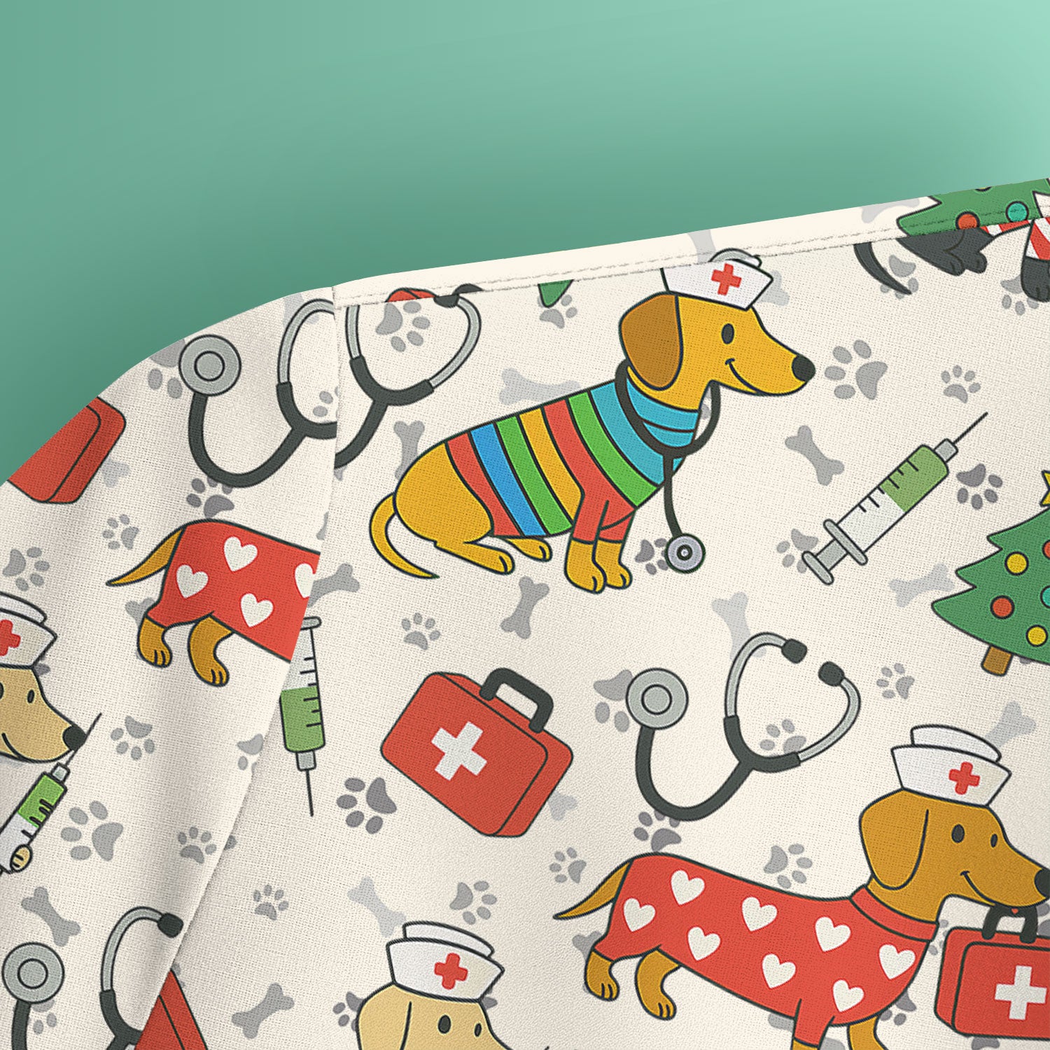 Christmas Dachshund Scrub Top - Funny Dog Nurse Scrubs Multi Color - Holiday Scrub Shirt Gift for Women Men, CNA, RN, Medical Professional