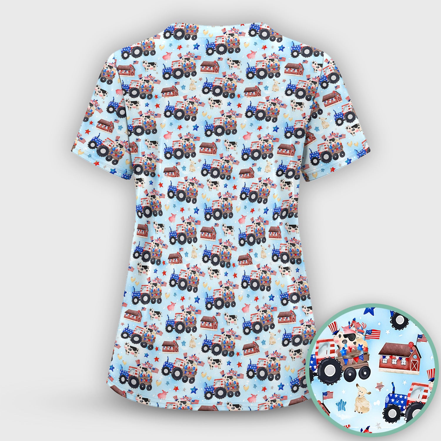 Patriotic Cow Tractor Farm Stars Pattern Scrub Set, Scrub Pants and V Neck Top