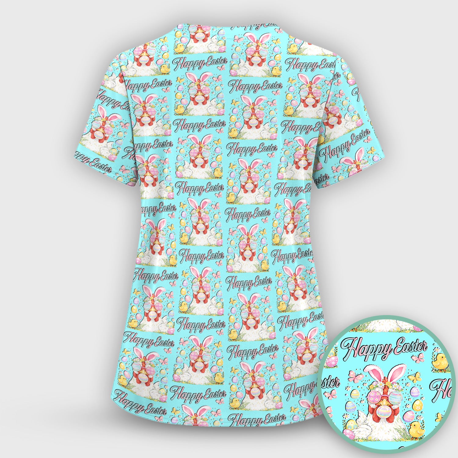 Happy Easter Bunny Eggs Pattern Scrub Top, Comfortable Scrubs for Nurses
