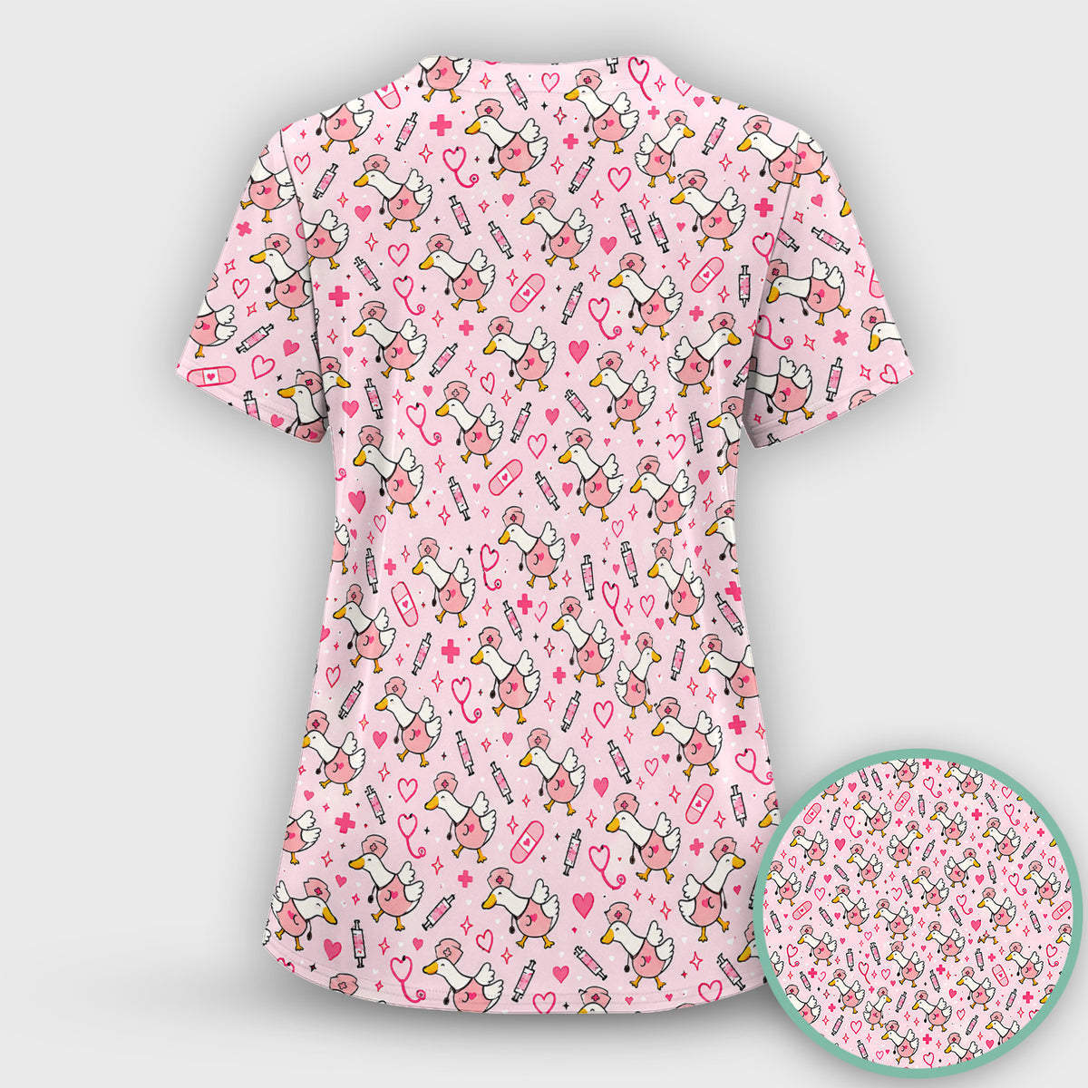 Pink Nurse Goose And Hearts Scrub Set, Scrub Pants and V Neck Top