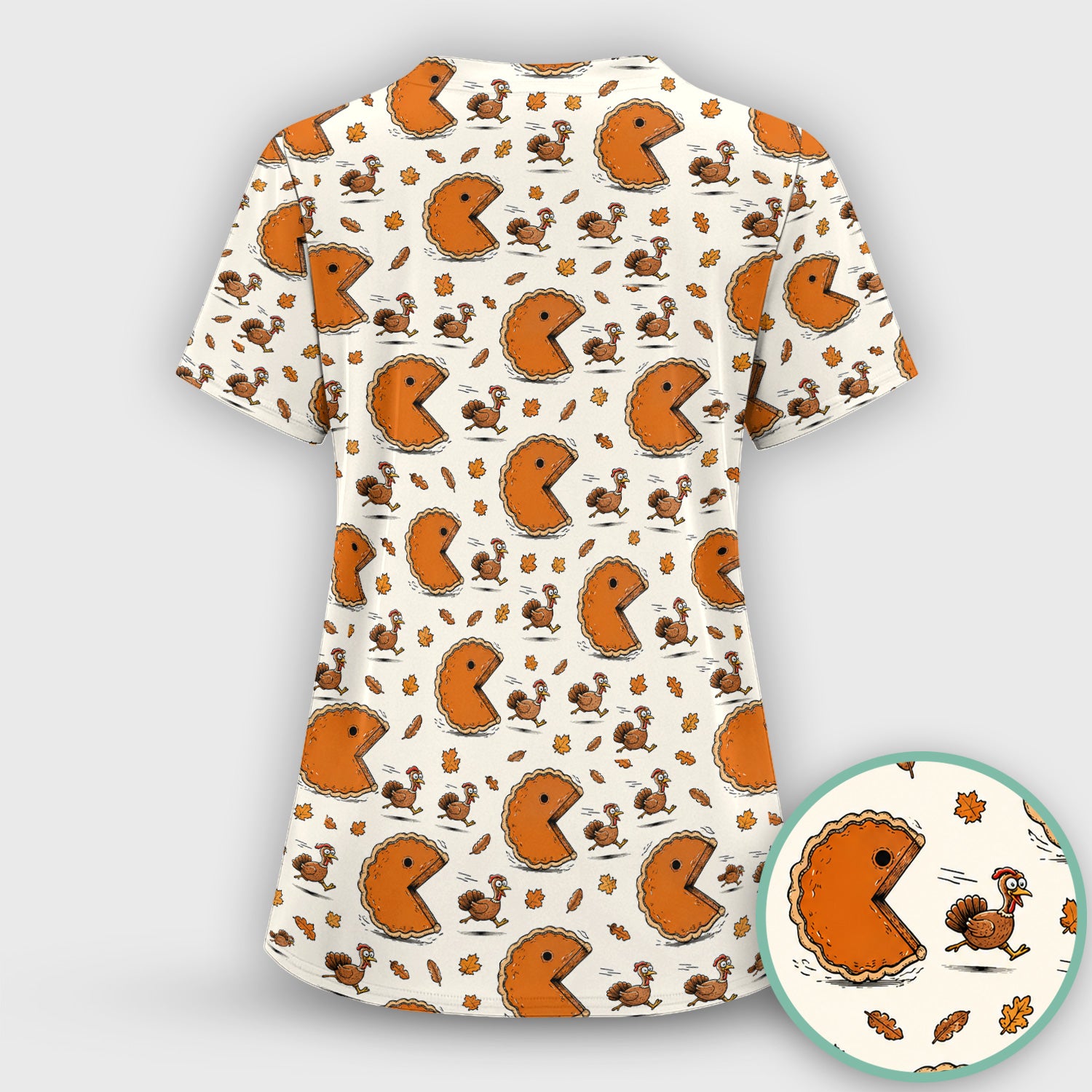 Thanksgiving Pie Chasing Turkey Scrub Set, Scrub Pants and V Neck Top