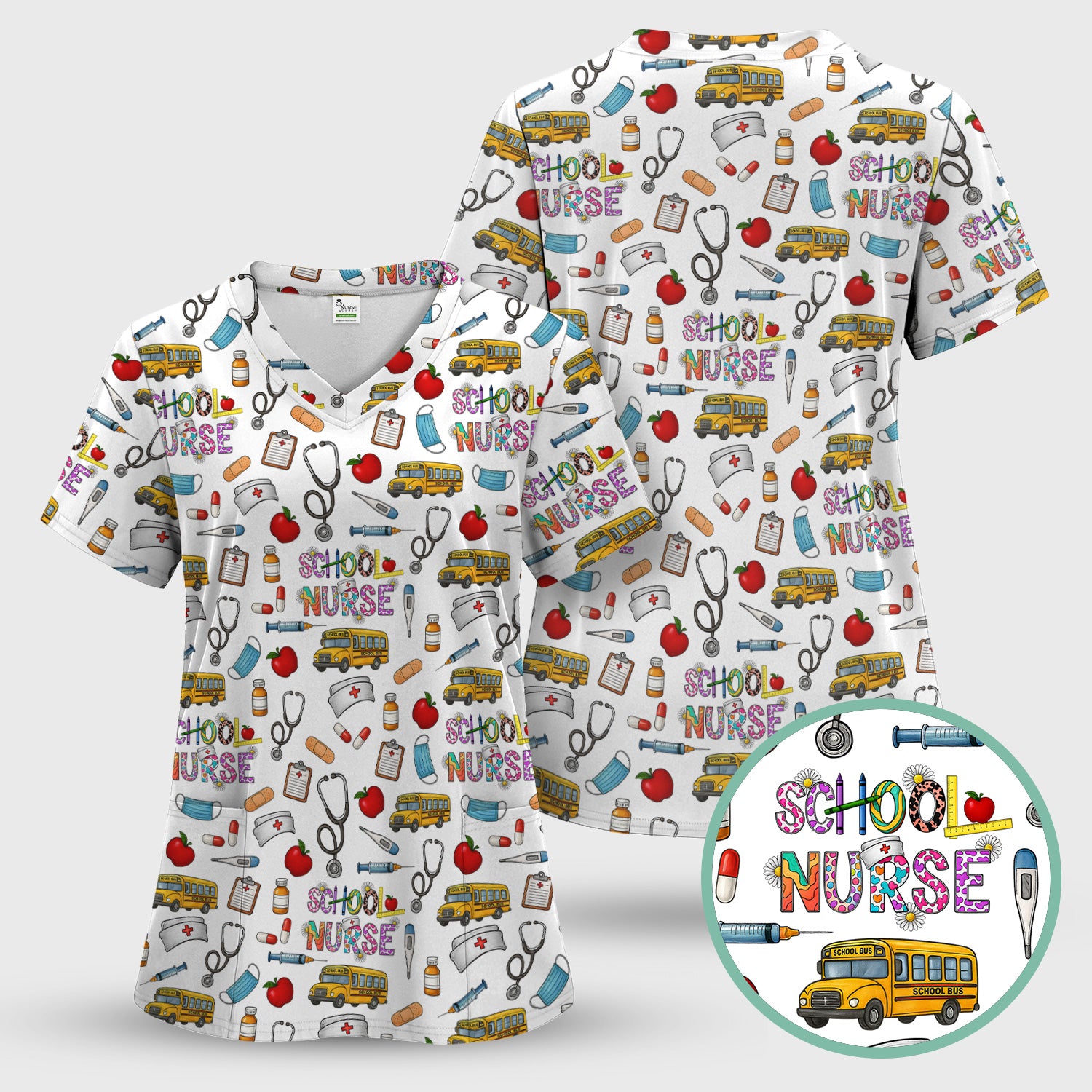 Cute School Nurse Scrub Top - Funny School Bus & Stethoscope Pattern Design - Gift for Women RN LPN