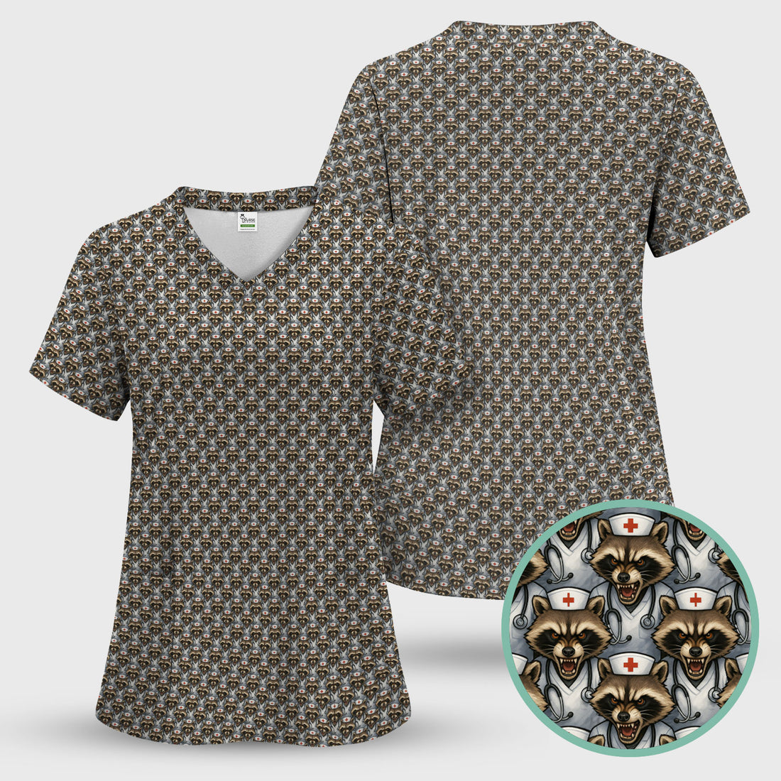 Funny Nurse Raccoon Scrub Top - All-Over Print Angry Raccoon Face Pattern - Gift for Women RN, LPN, CNA