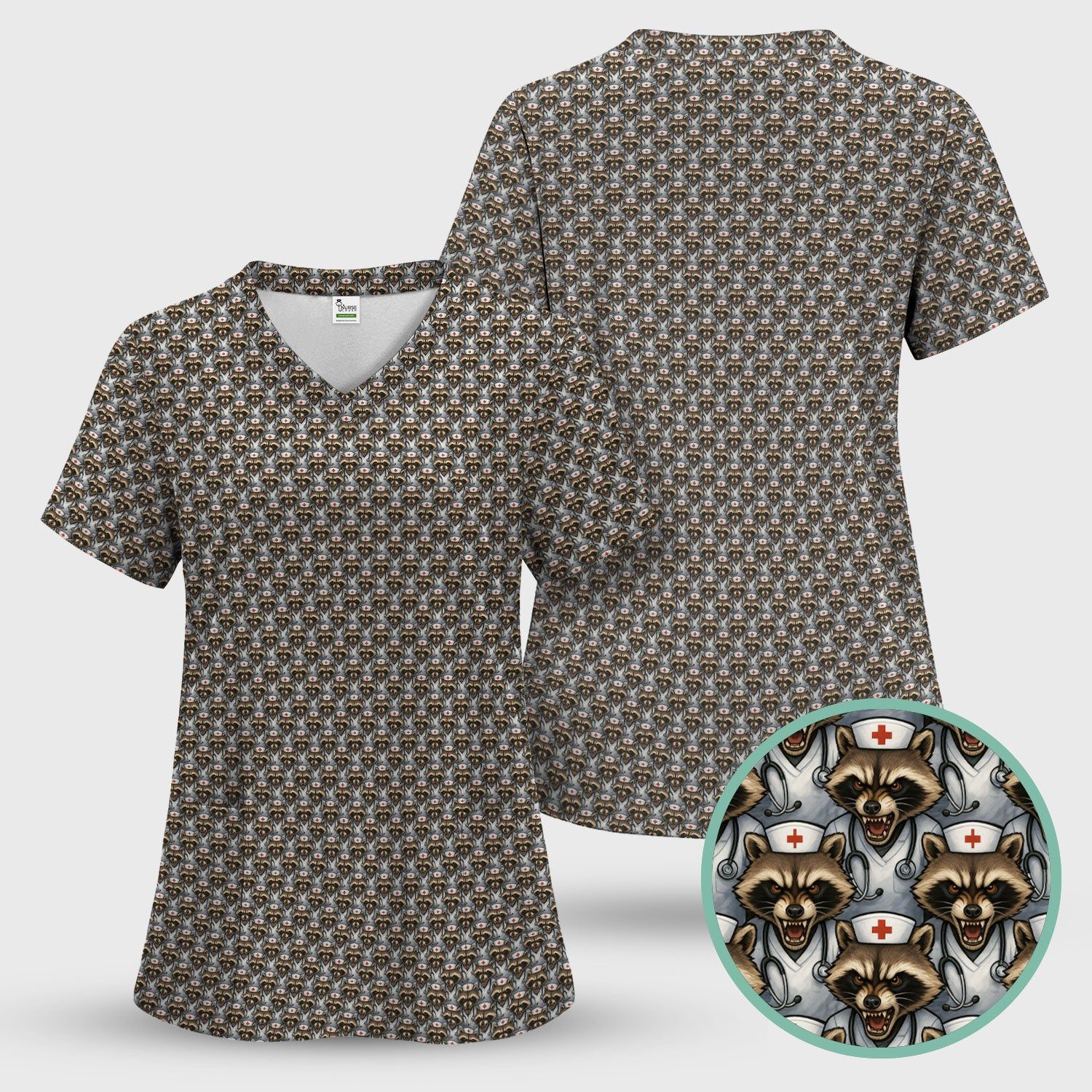 Quirky Raccoon Nurse Shirt - Repeating Angry Animal Pattern Graphic Tee - Gift for Women RN, LPN, CNA
