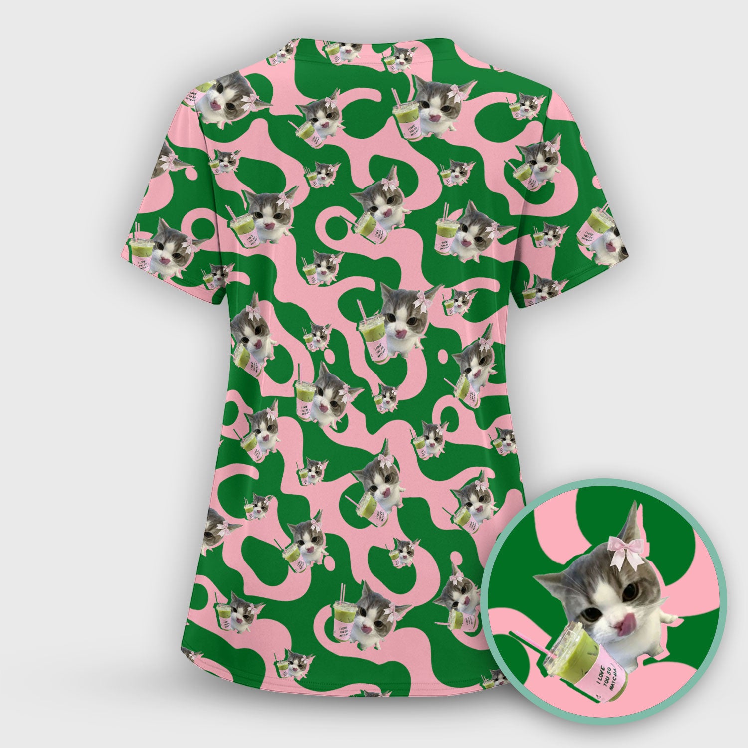 Cute Cat Matcha Nurse Scrub Top, Funny Cat I Love Matcha Medical Shirt,  Breathable Fabrics Nursing Uniform