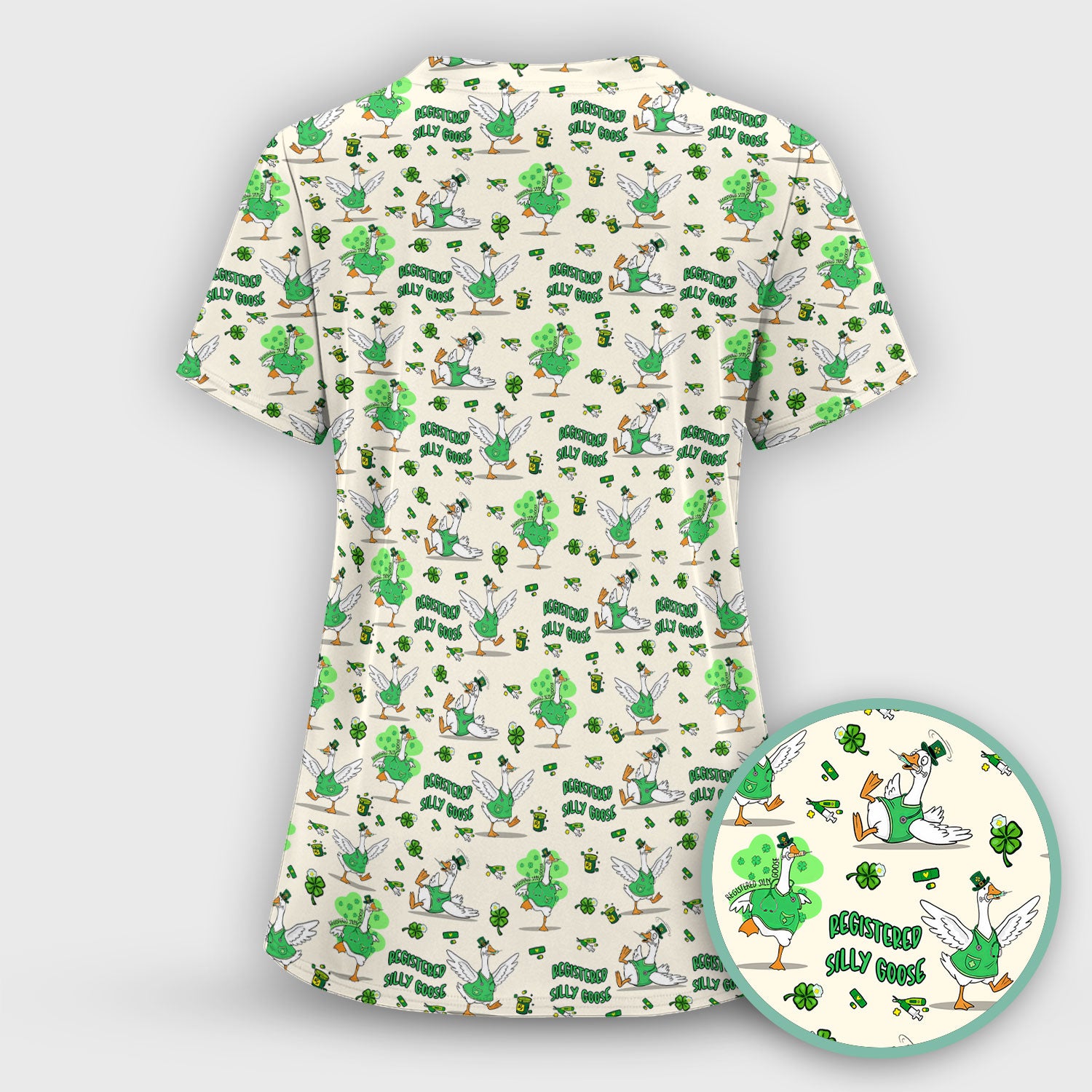 Silly Goose St. Patrick’s Day Scrub Top, Funny Goose Shamrock Pattern Nurse Scrub Shirt, Irish Green Nursing Uniform
