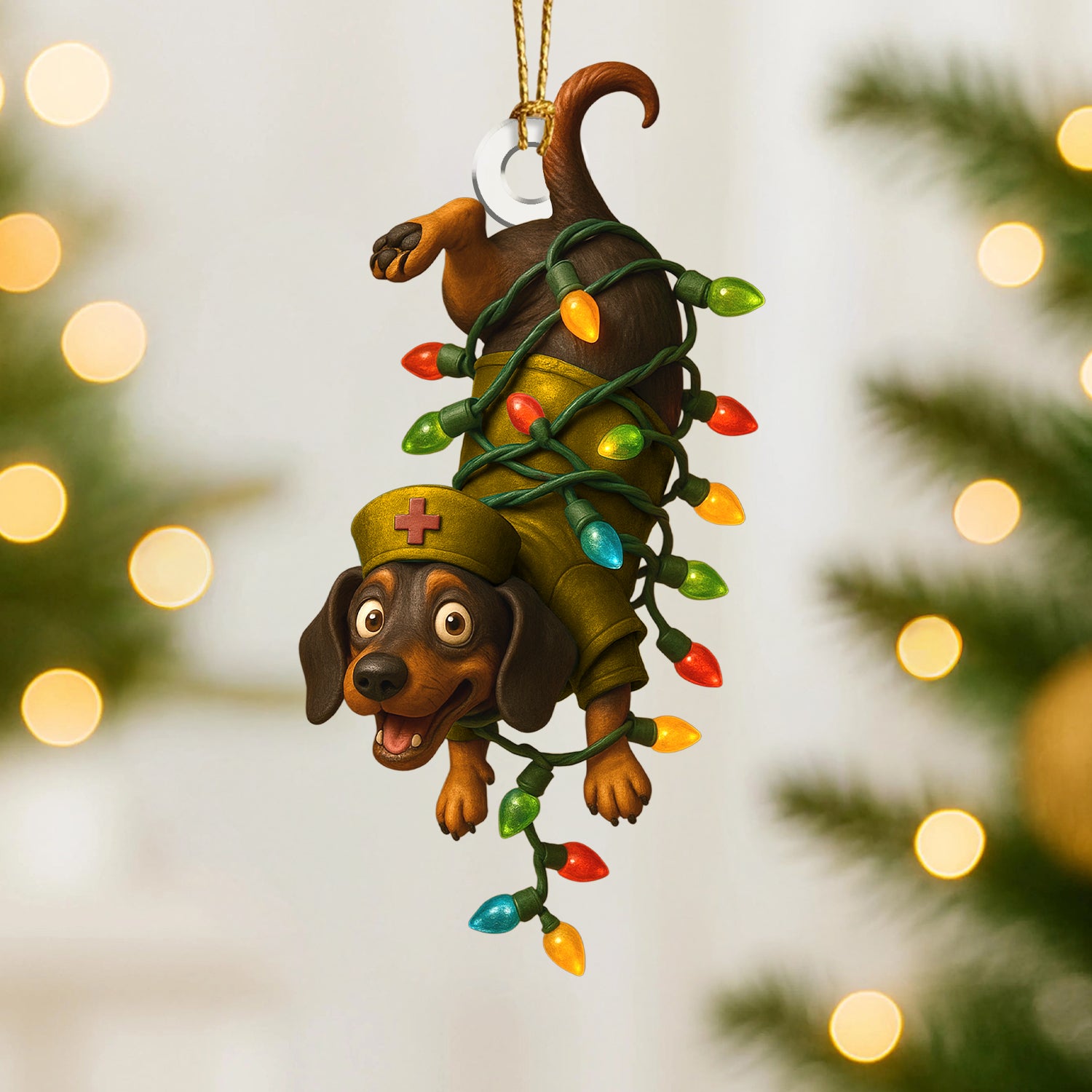 Personalized Nurse Dachshund Ornament, Funny Wiener Dog Christmas Ornament With Lights, Custom Medical Ornament for RN, LPN, CNA Gift