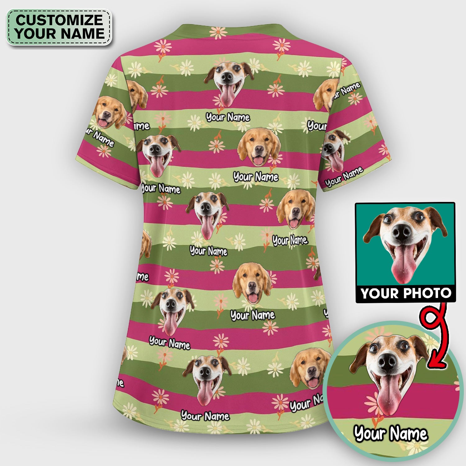 Personalized Floral Dog Portrait With Spring Stripes Pattern Scrub Top, Comfortable Scrubs for Nurses