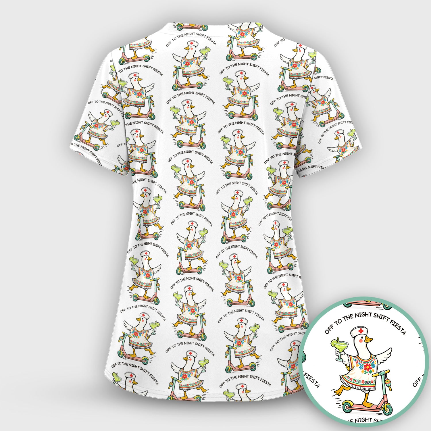 Funny Duck Scooter Night Shift Fiesta Scrub Top, Comfortable Scrubs for Nurses