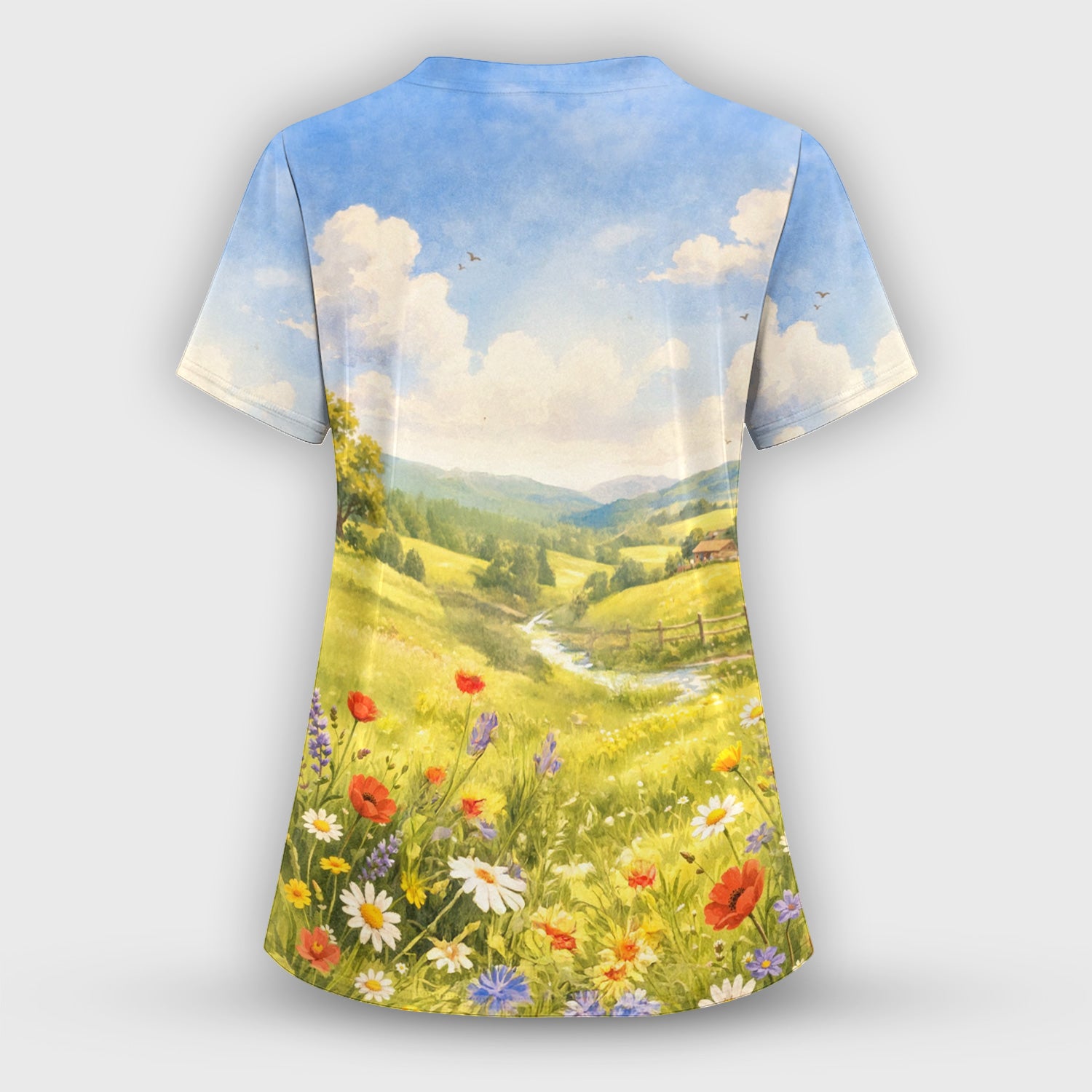 Cute Cow Wearing Boots Meadow Scene Pattern Scrub Set, Scrub Pants and V Neck Top
