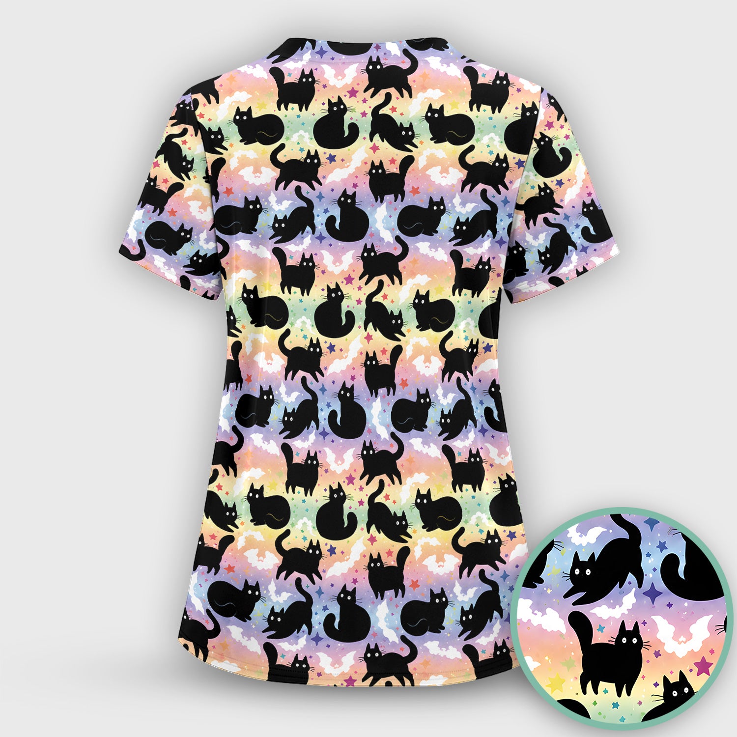 Pastel Star Black Cat Pattern Scrub Set, Scrub Pants and V Neck Top